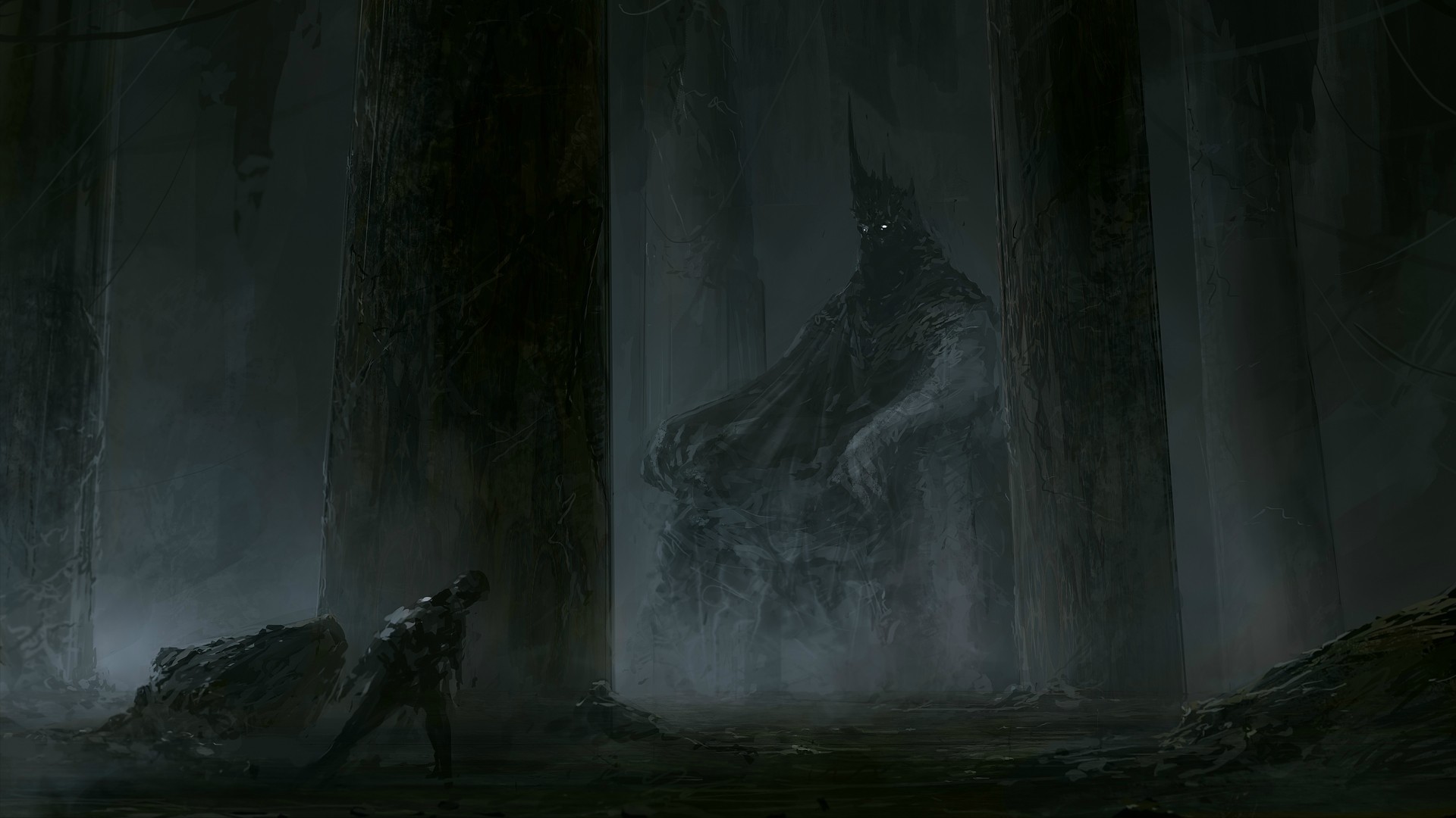 Dark fantasy art of a figure on a throne HD Wallpaper