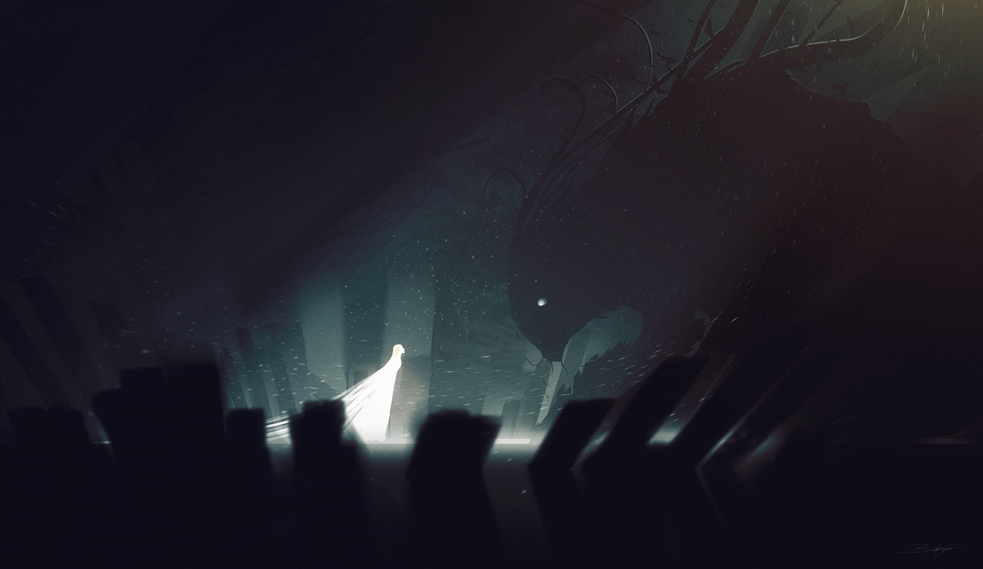 A glowing figure confronts a dark creature in a shadowy environment HD Wallpaper