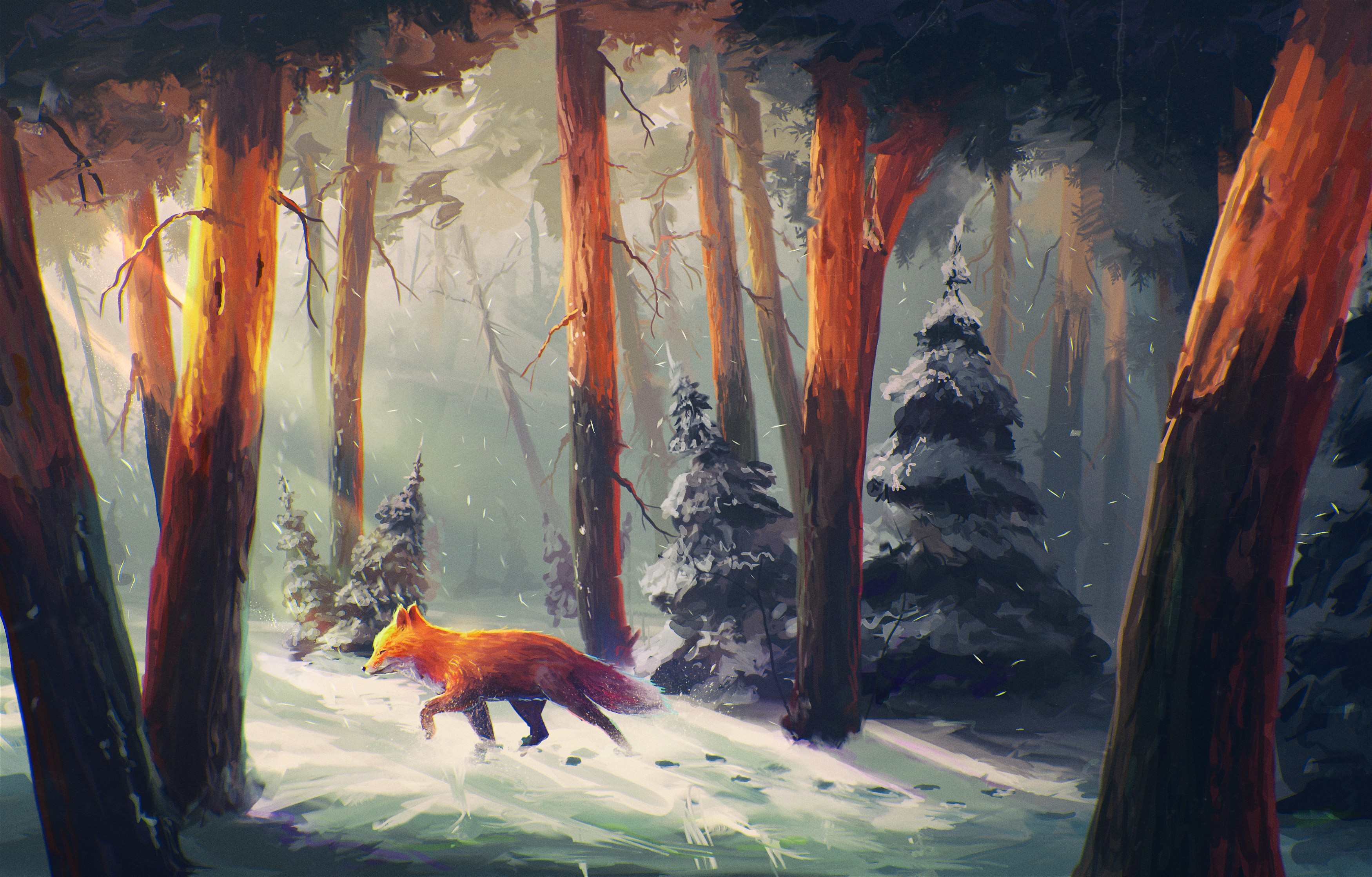 nature, fox, digital art, forest, animals, Sylar, artwork, sunlight, snow HD Wallpaper