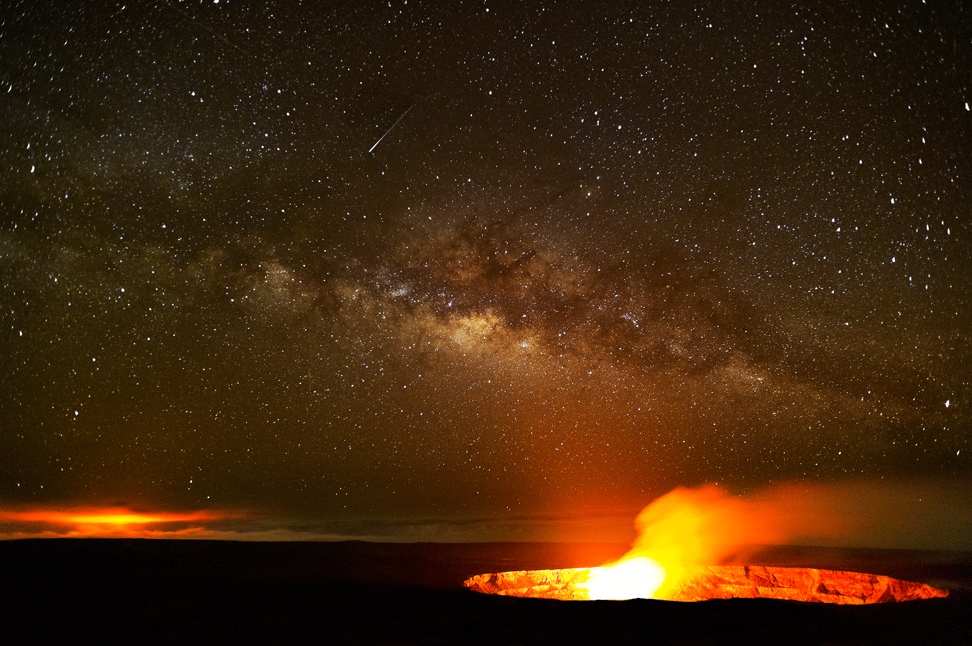 Volcano erupting under the Milky Way and a meteor HD Wallpaper