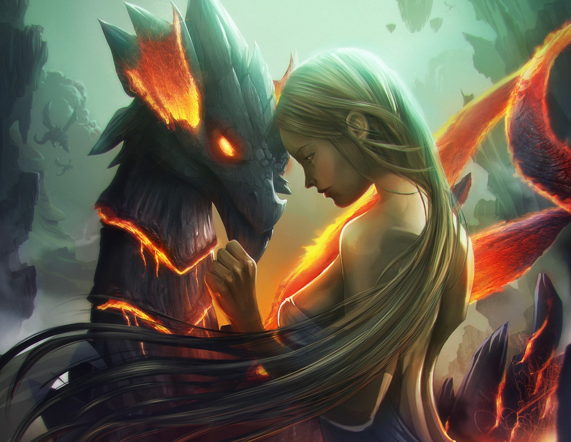 Woman and dragon with fiery accents HD Wallpaper