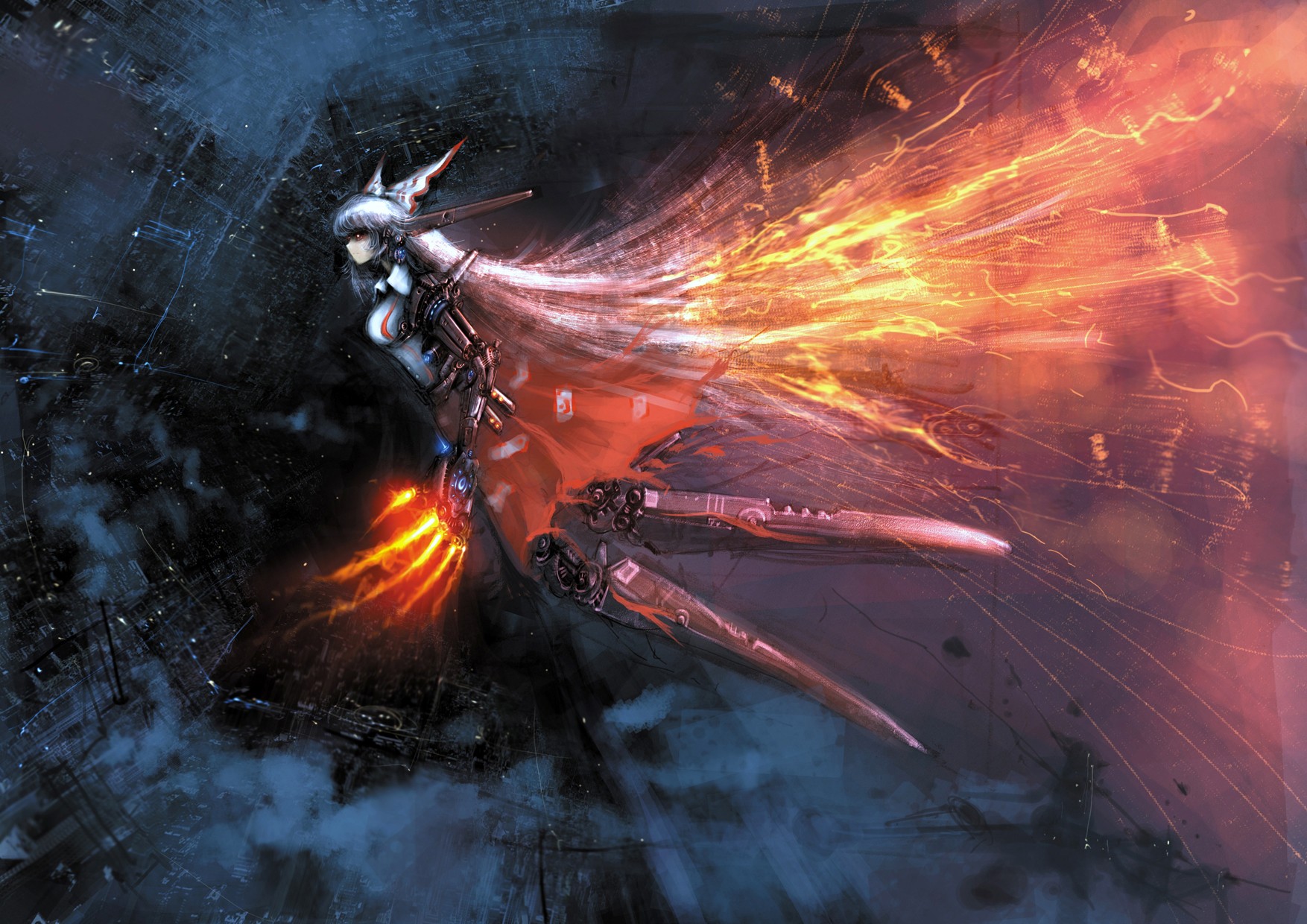 Fujiwara no Mokou cyborg with fire in a dark city HD Wallpaper