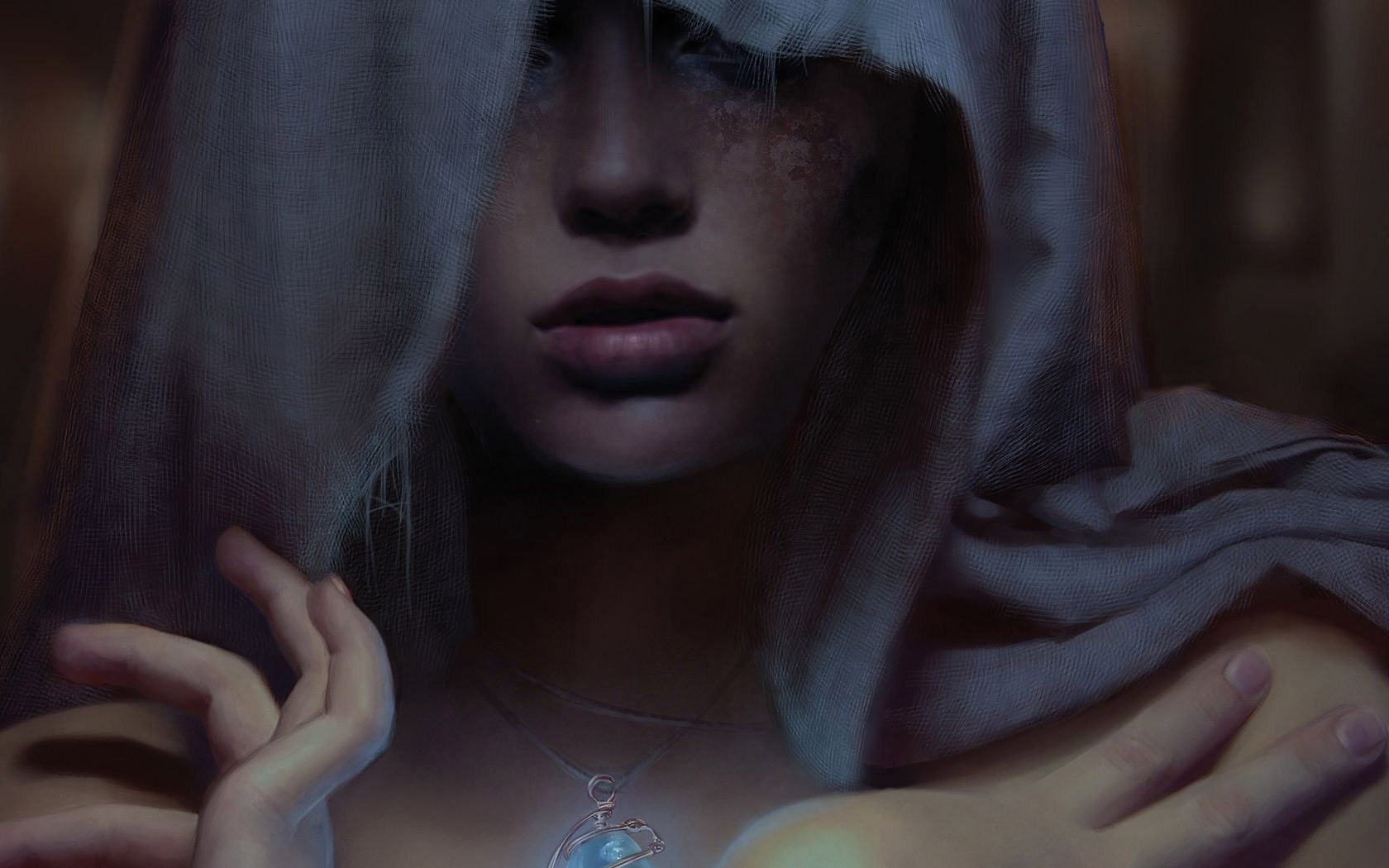 Artwork of a woman with a veil and a pendant HD Wallpaper