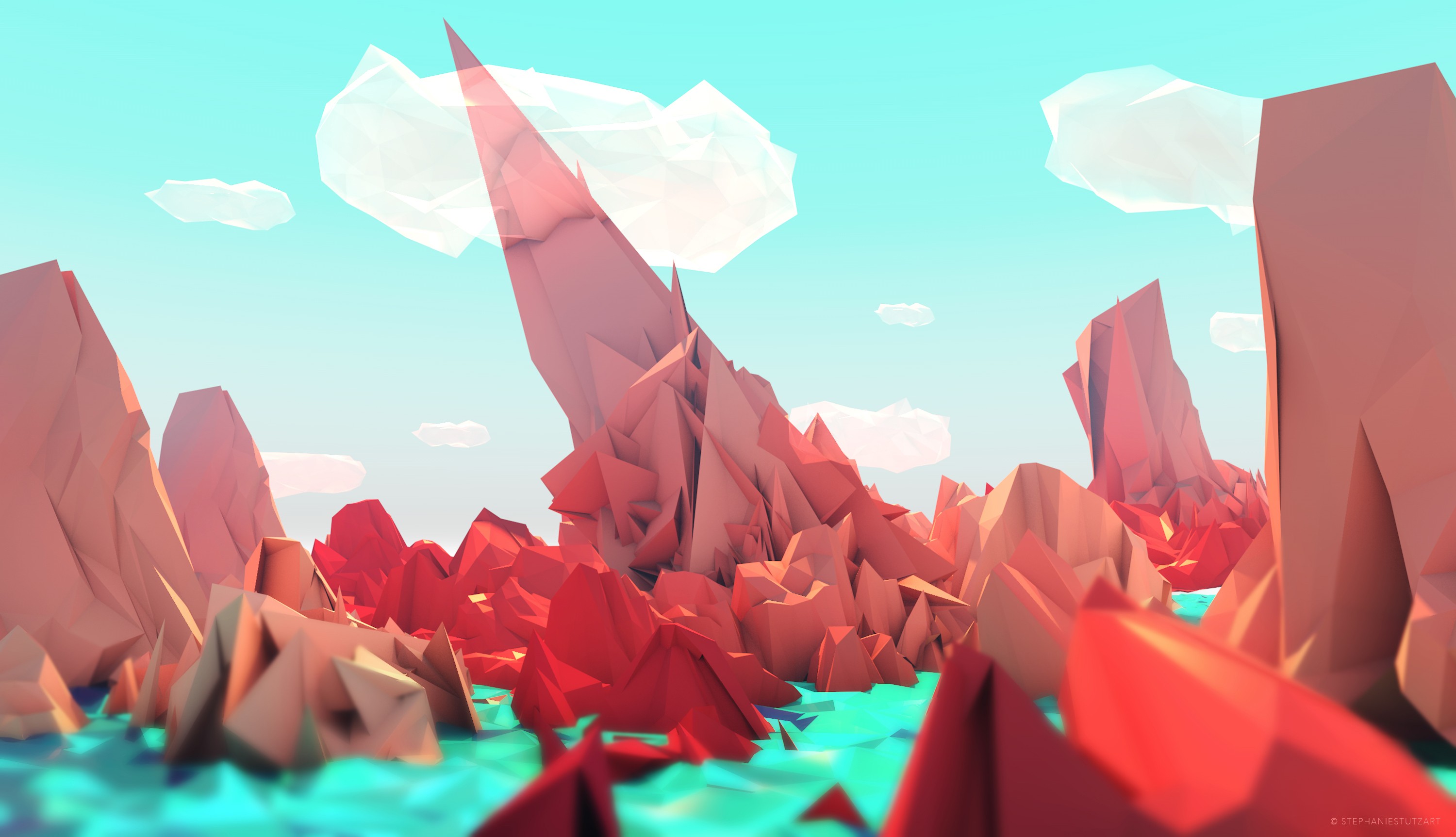 Low poly red and blue landscape digital art HD Wallpaper