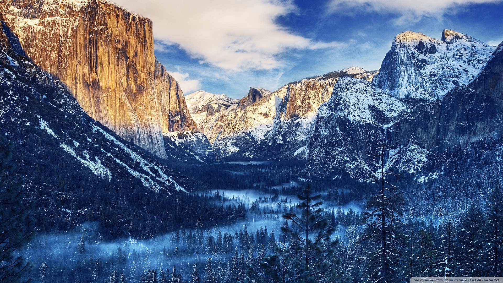 Snowy mountains in Yosemite National Park at sunrise HD Wallpaper