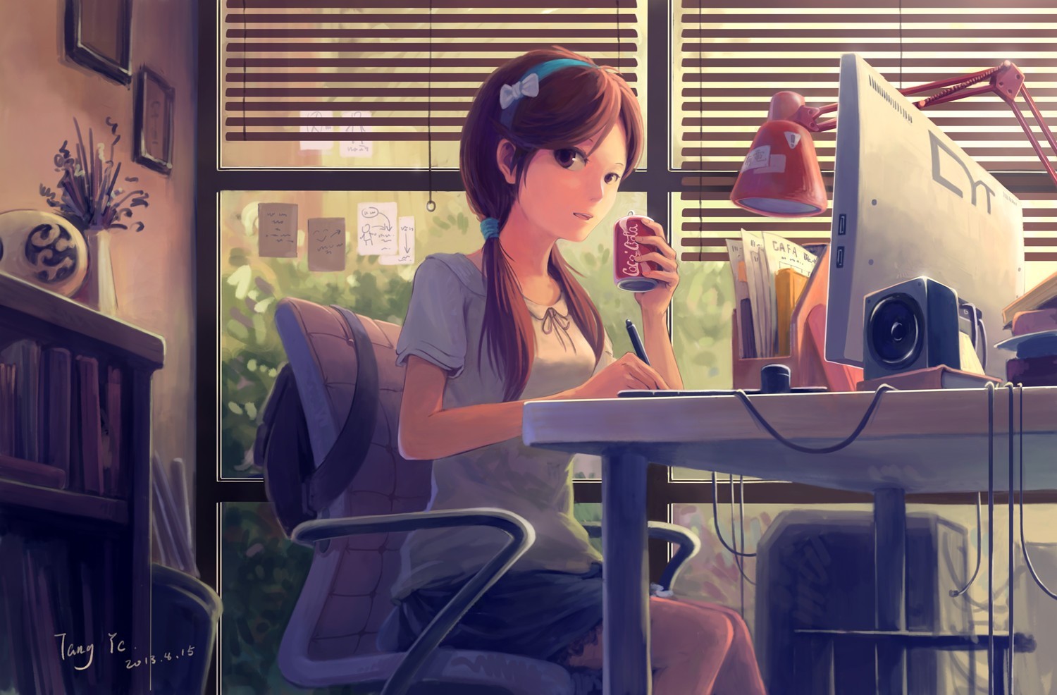Anime girl with twintails drinking Coca-Cola at computer HD Wallpaper