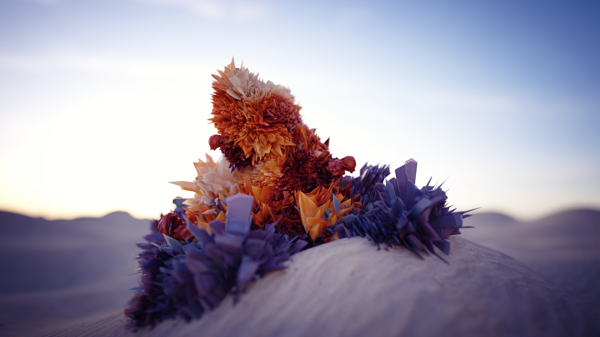 Low poly abstract sculpture on a sand dune HD Wallpaper