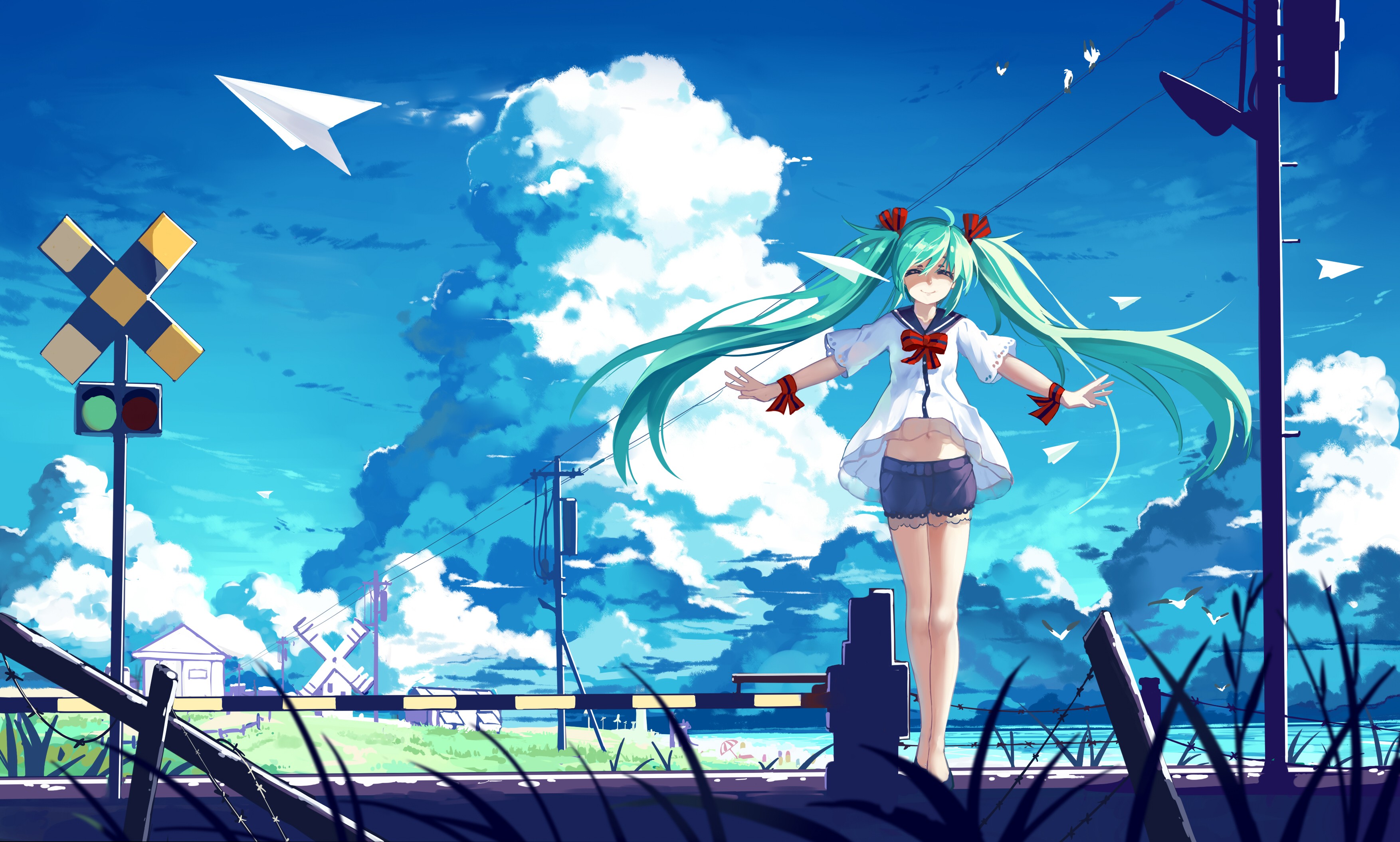 Hatsune Miku at a Railway Crossing with Paper Airplanes HD Wallpaper