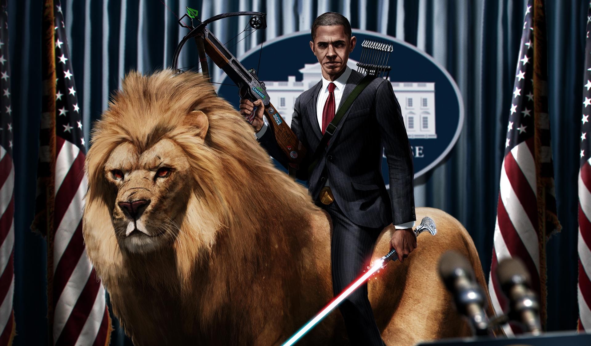 Barack Obama riding a lion with a crossbow and lightsaber HD Wallpaper