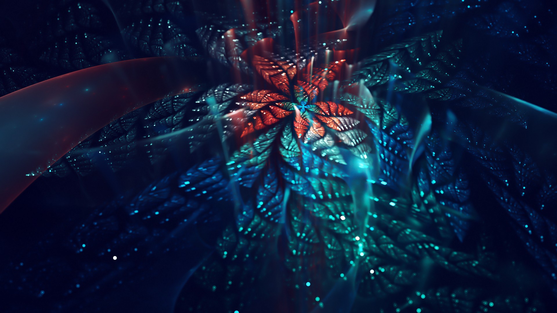 Abstract fractal art with red and blue glowing elements HD Wallpaper