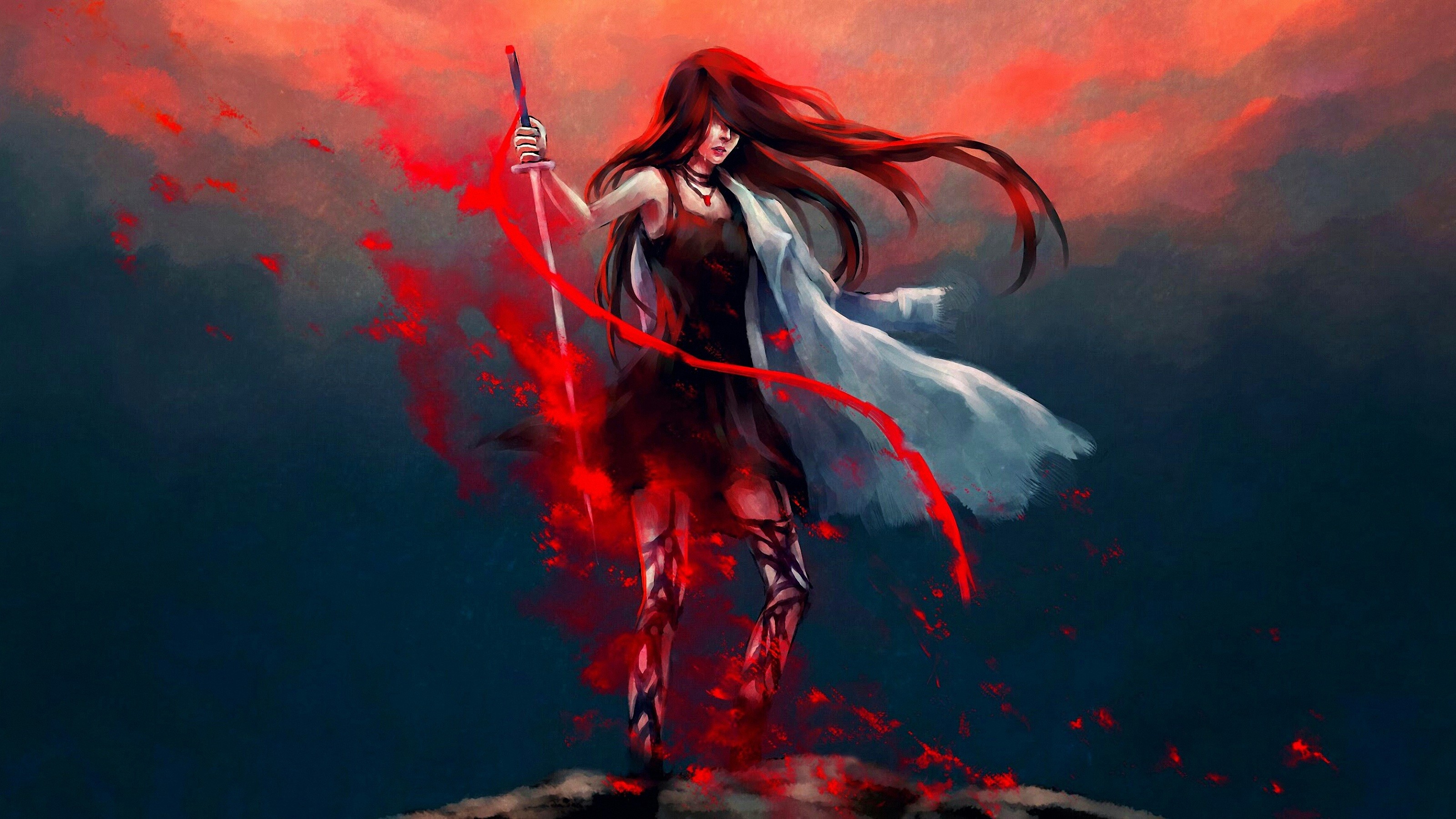 Artwork of a woman with long hair and a sword HD Wallpaper