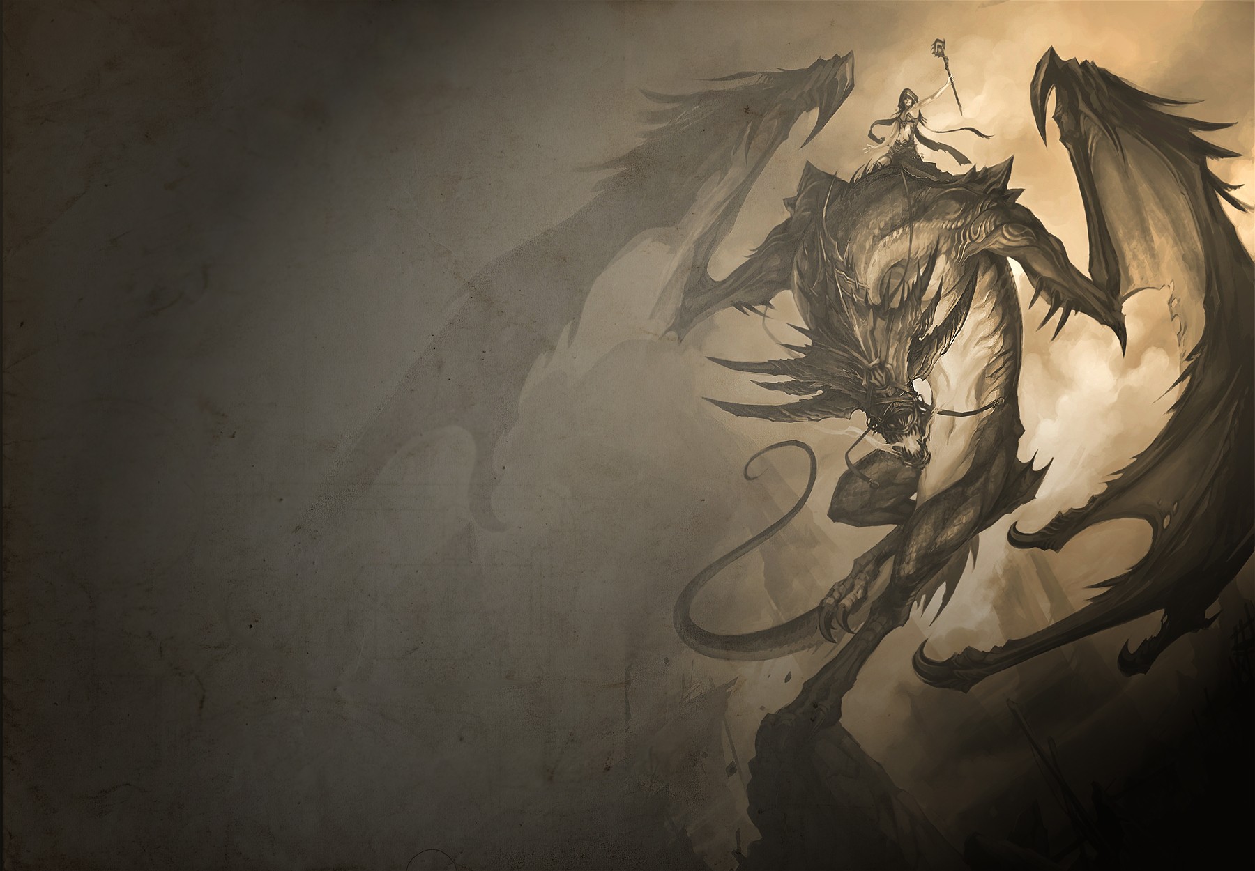 A woman rides a dragon in a smoky environment HD Wallpaper