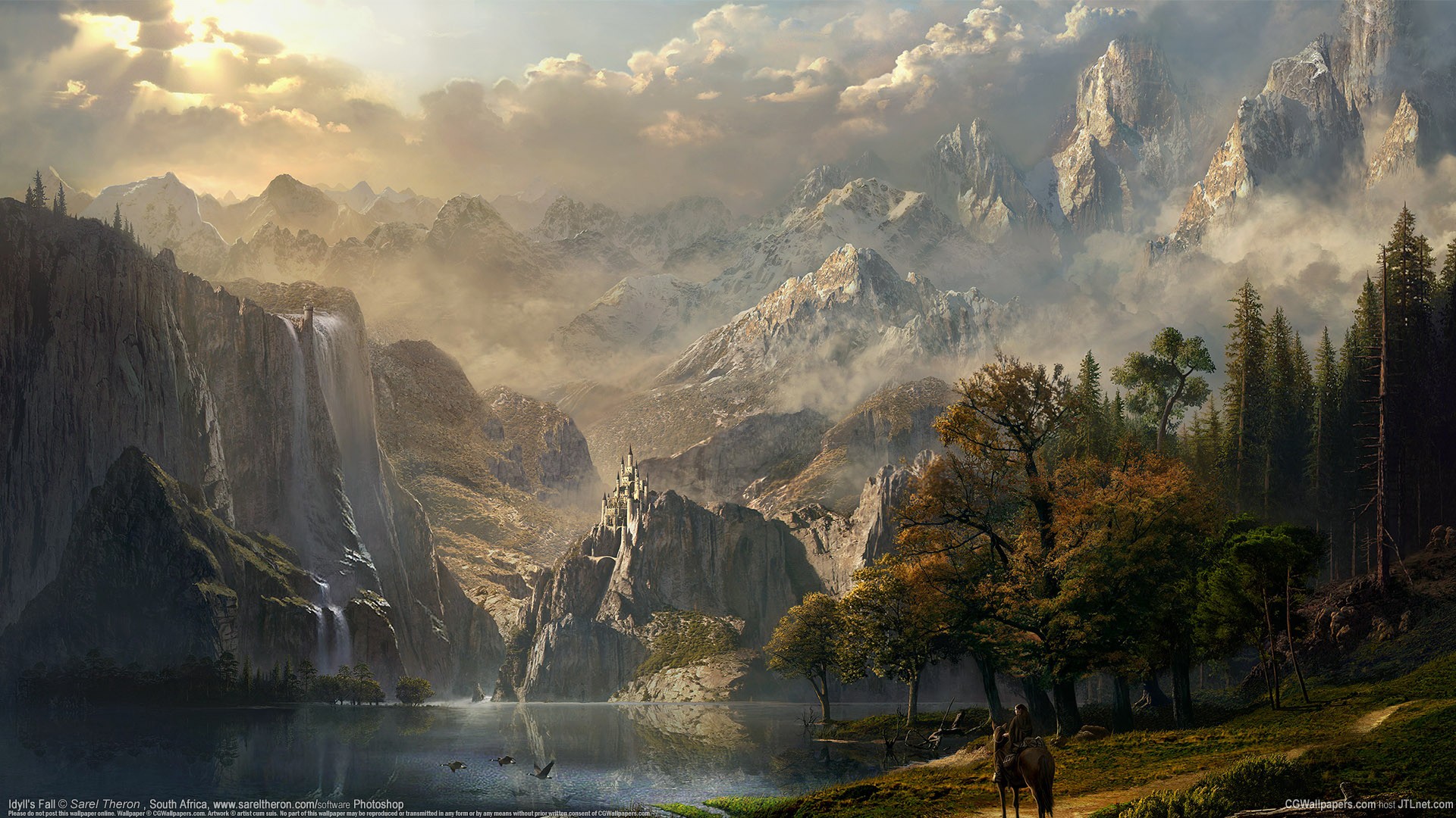 Fantasy Landscape with Castle and Waterfall HD Wallpaper