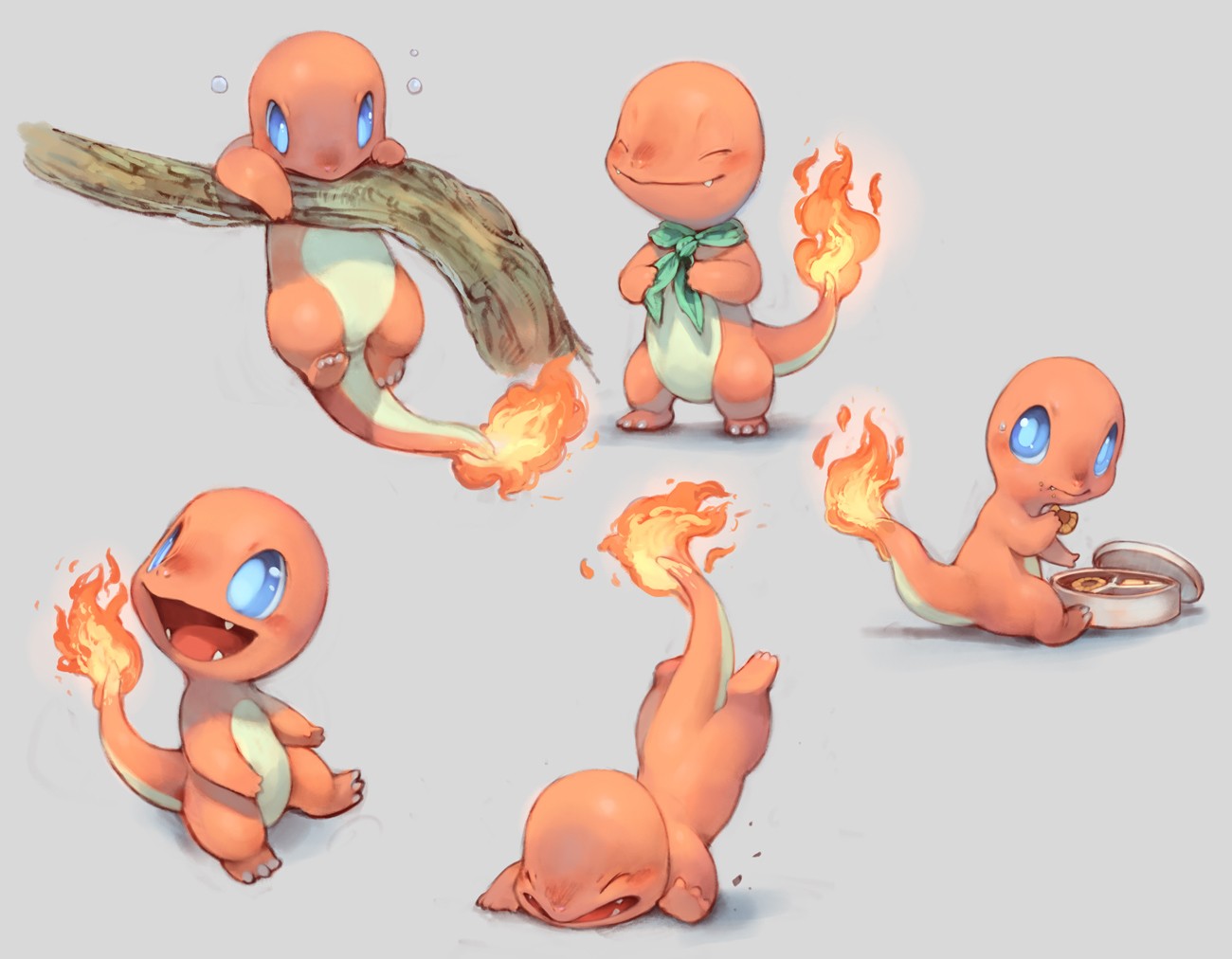 Five Charmanders in various poses HD Wallpaper