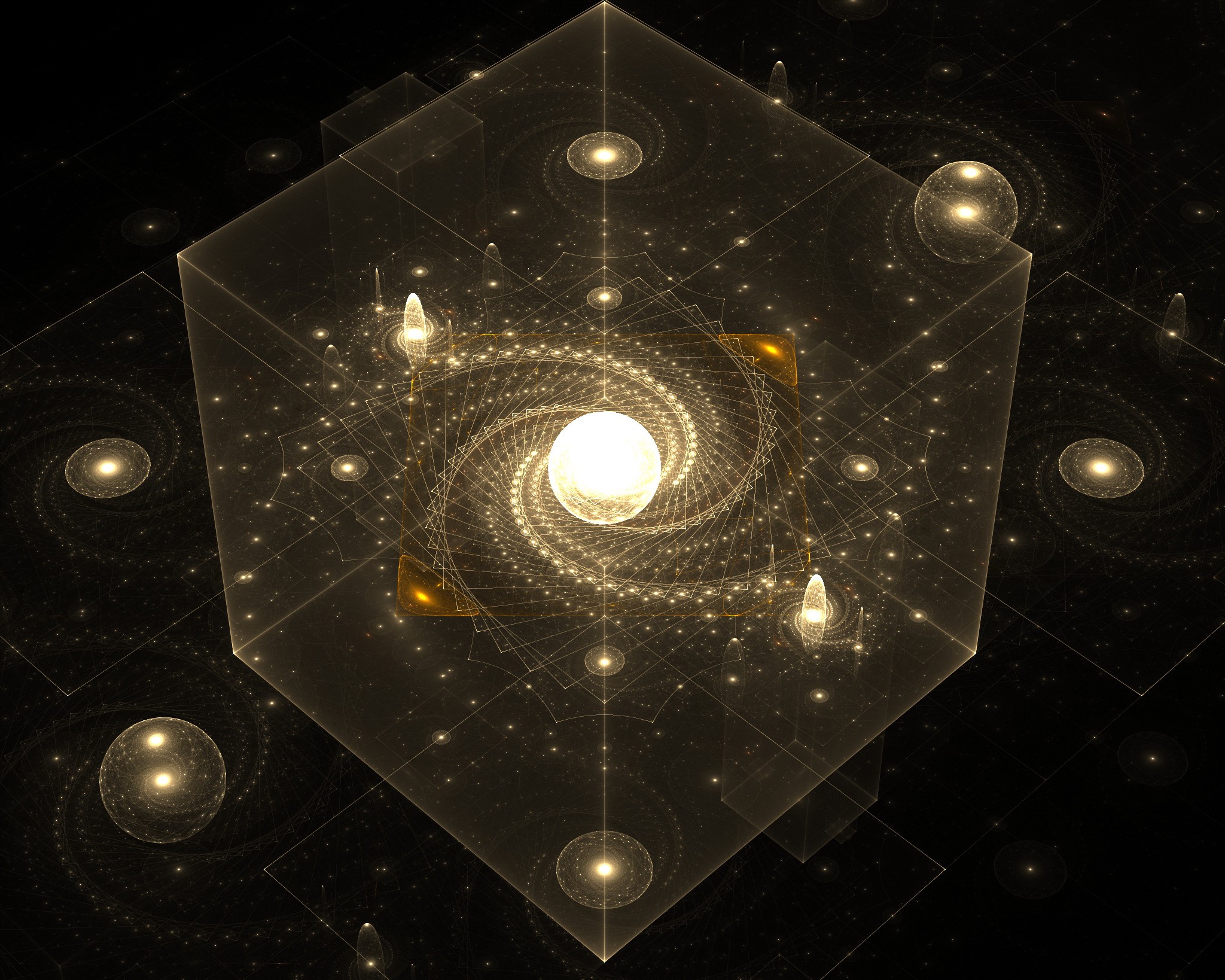 Abstract fractal cube with glowing spheres and spirals HD Wallpaper