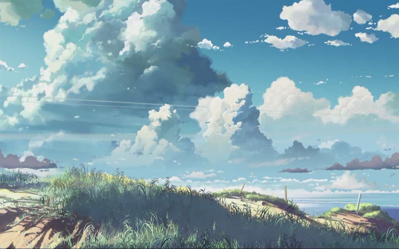 5 Centimeters Per Second clouds and grass landscape HD Wallpaper