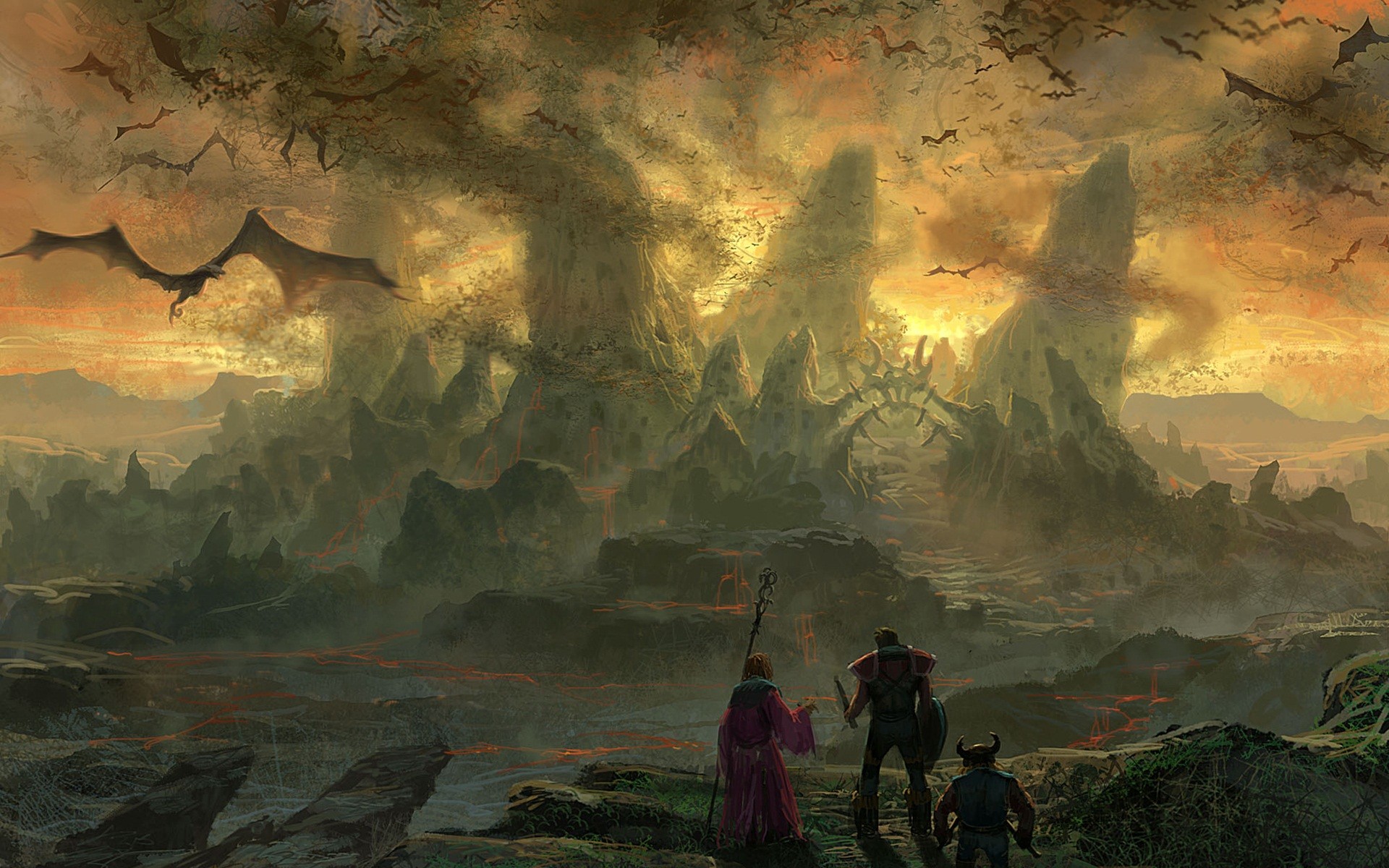 Fantasy landscape with dragons and adventurers HD Wallpaper