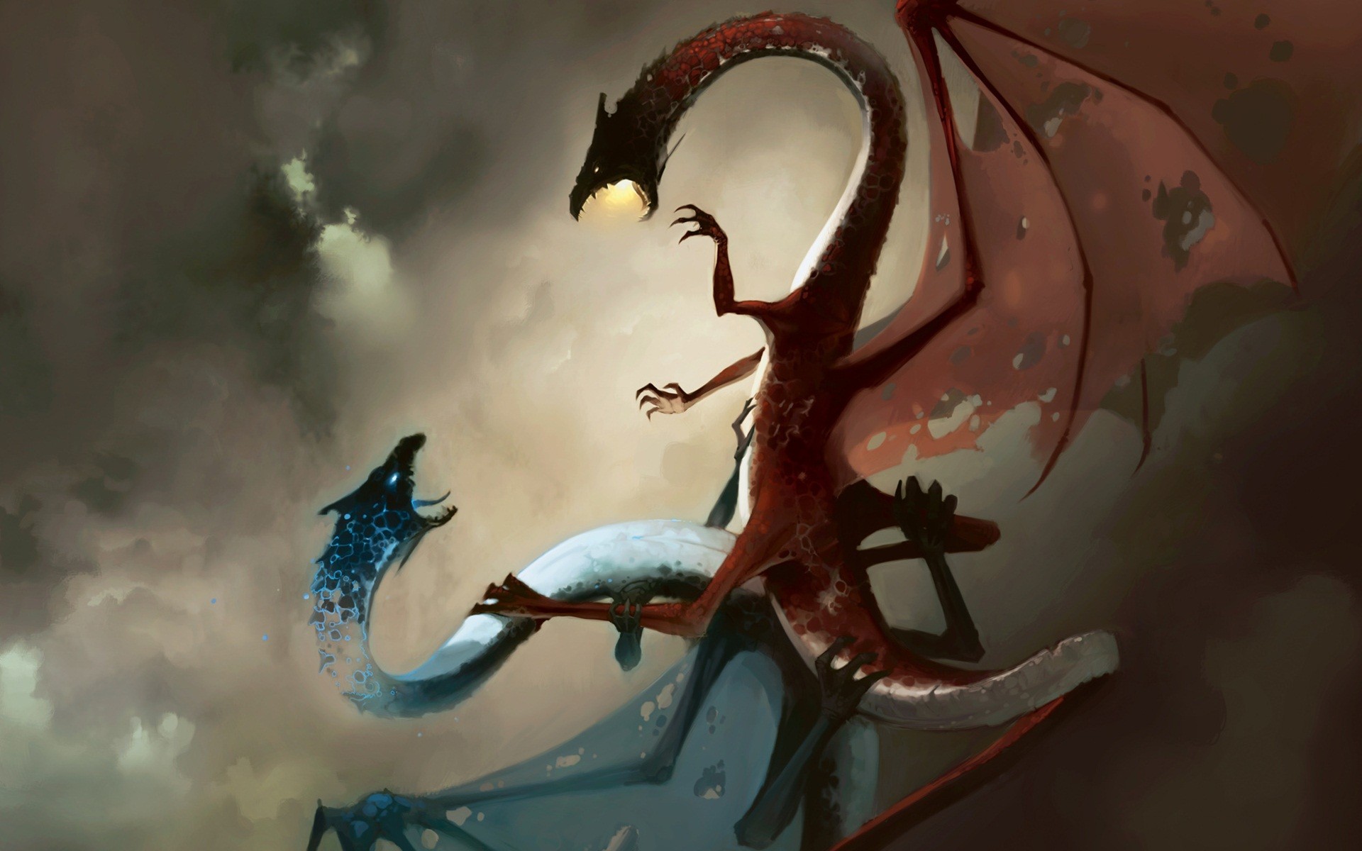 Two dragons fighting in a cloudy sky HD Wallpaper