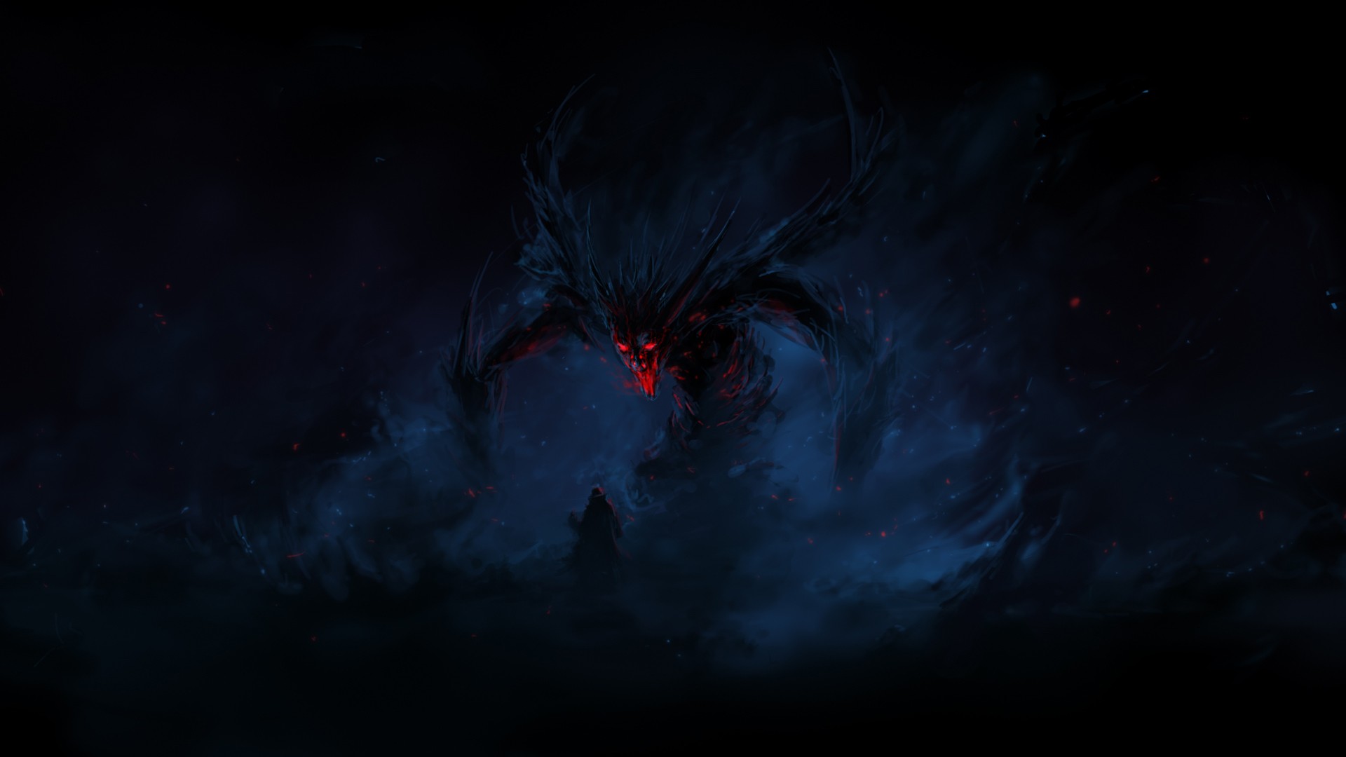 A dark demon creature with red eyes looms over a person HD Wallpaper