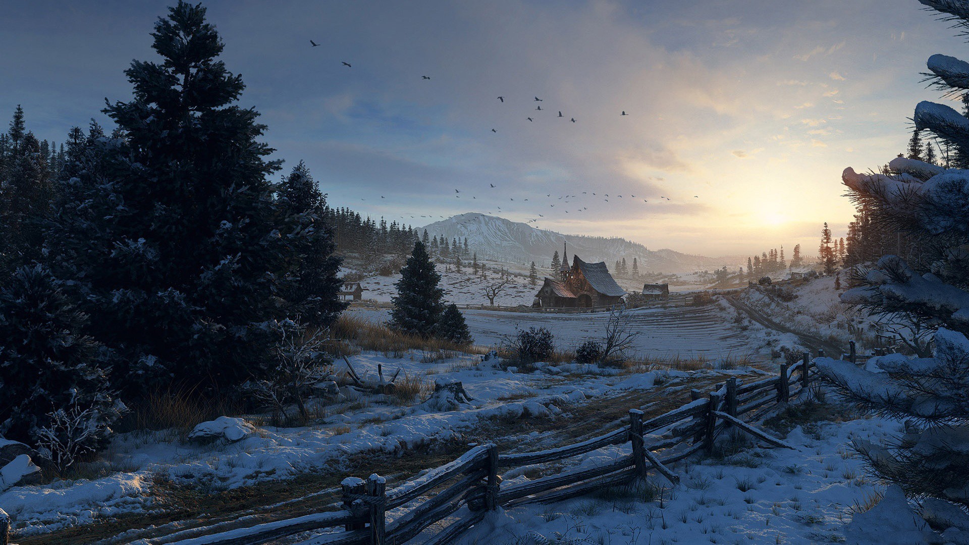 Winter landscape with a village and mountains at sunset HD Wallpaper
