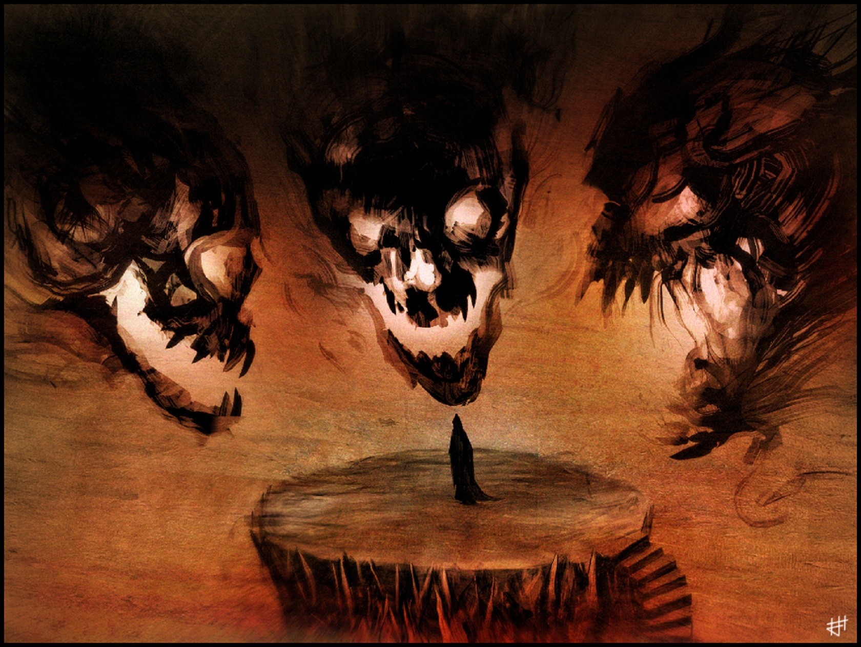 Three demonic skulls loom over a robed figure on a platform HD Wallpaper