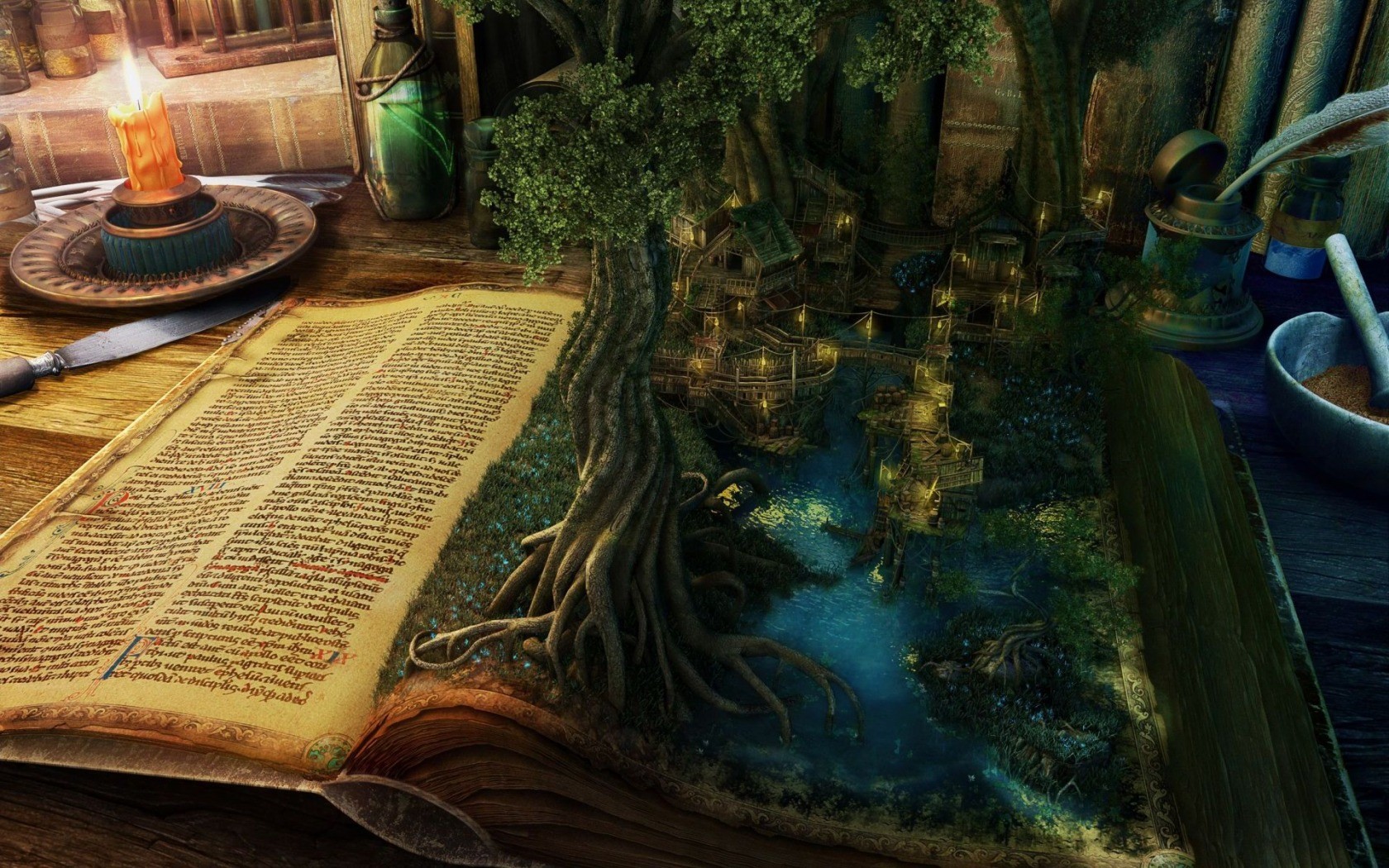 Fantasy art of a magical world inside a book HD Wallpaper