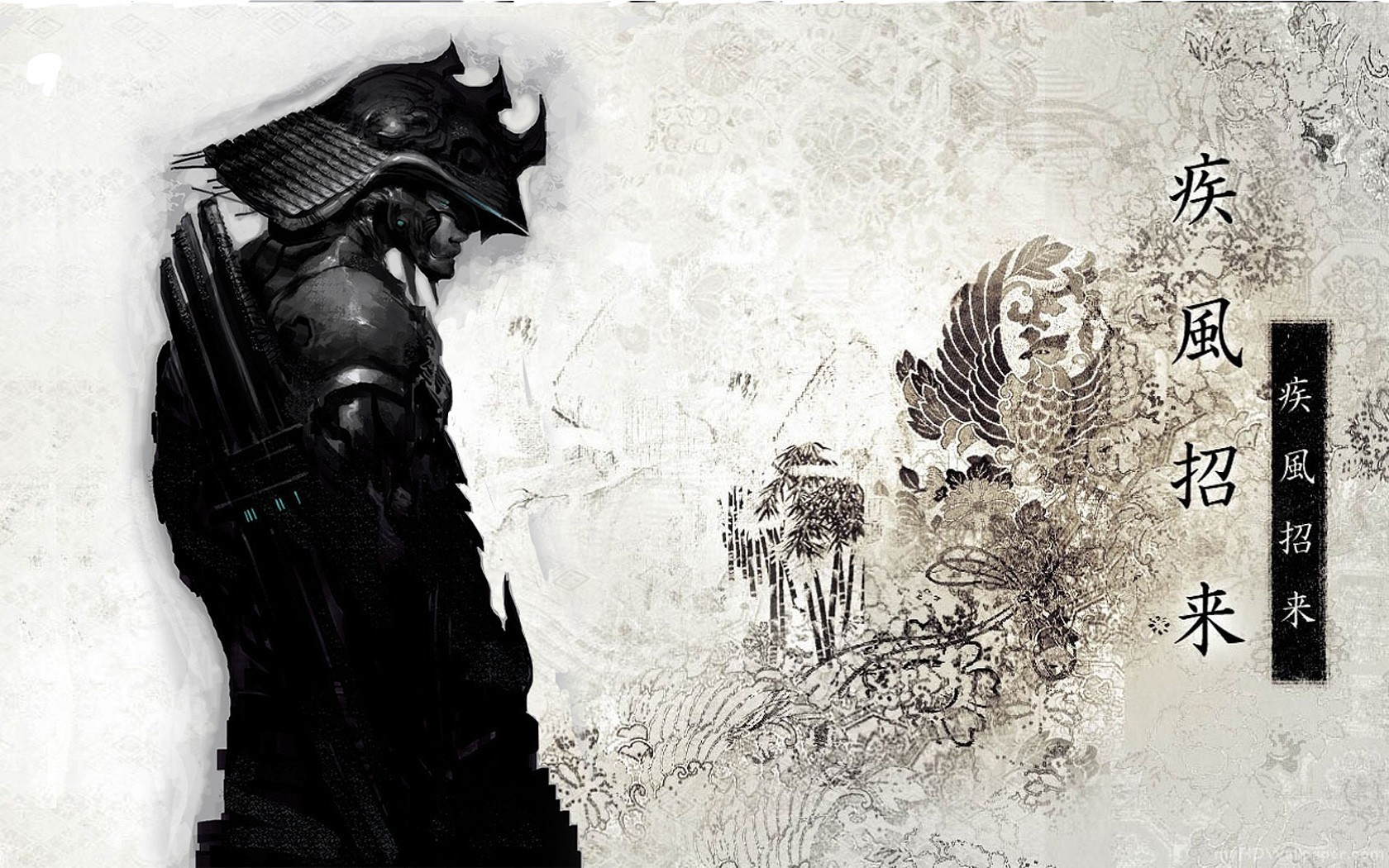 Samurai warrior with Japanese art and calligraphy HD Wallpaper