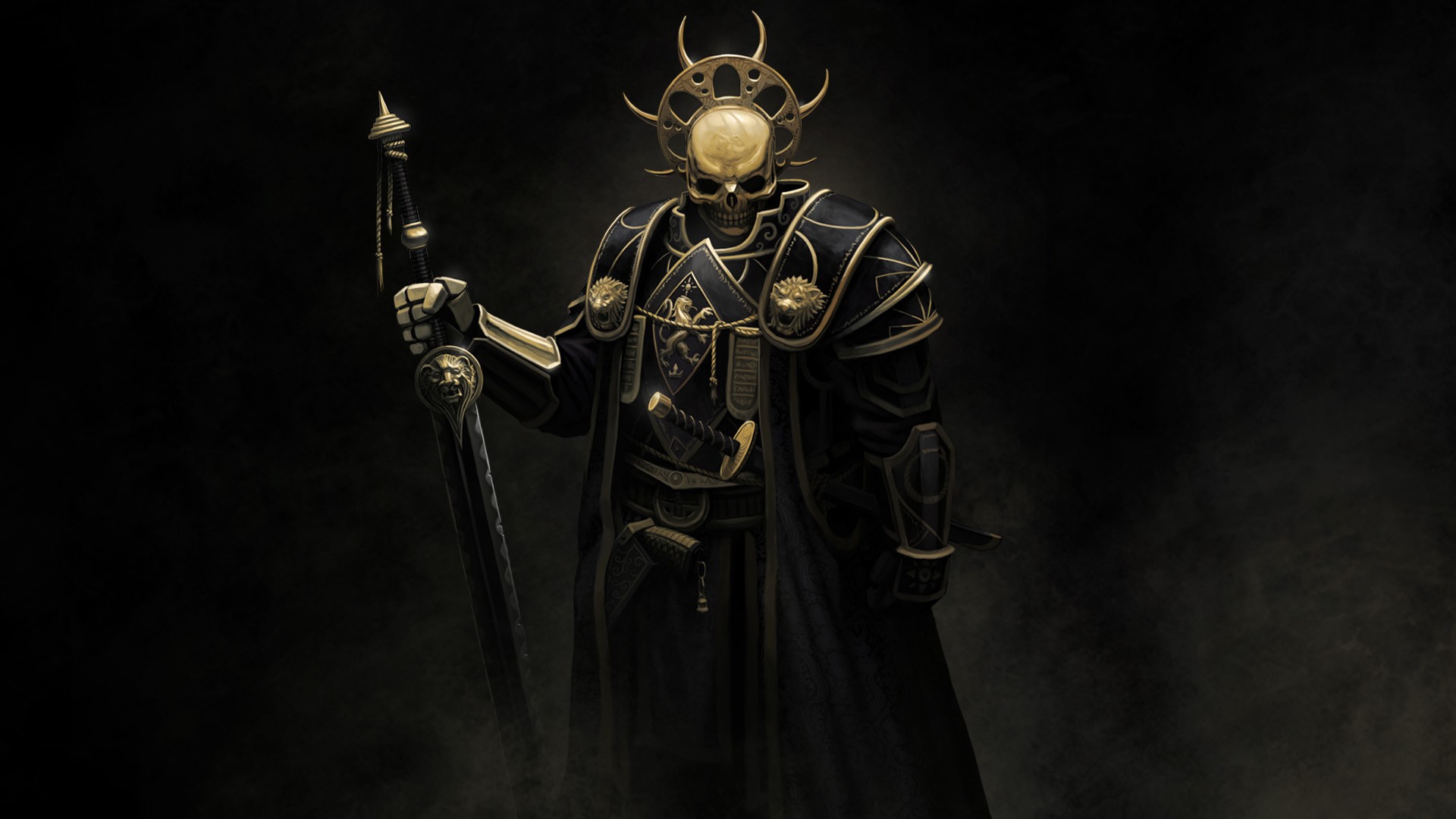 Fantasy skeleton warrior with golden armor and sword HD Wallpaper