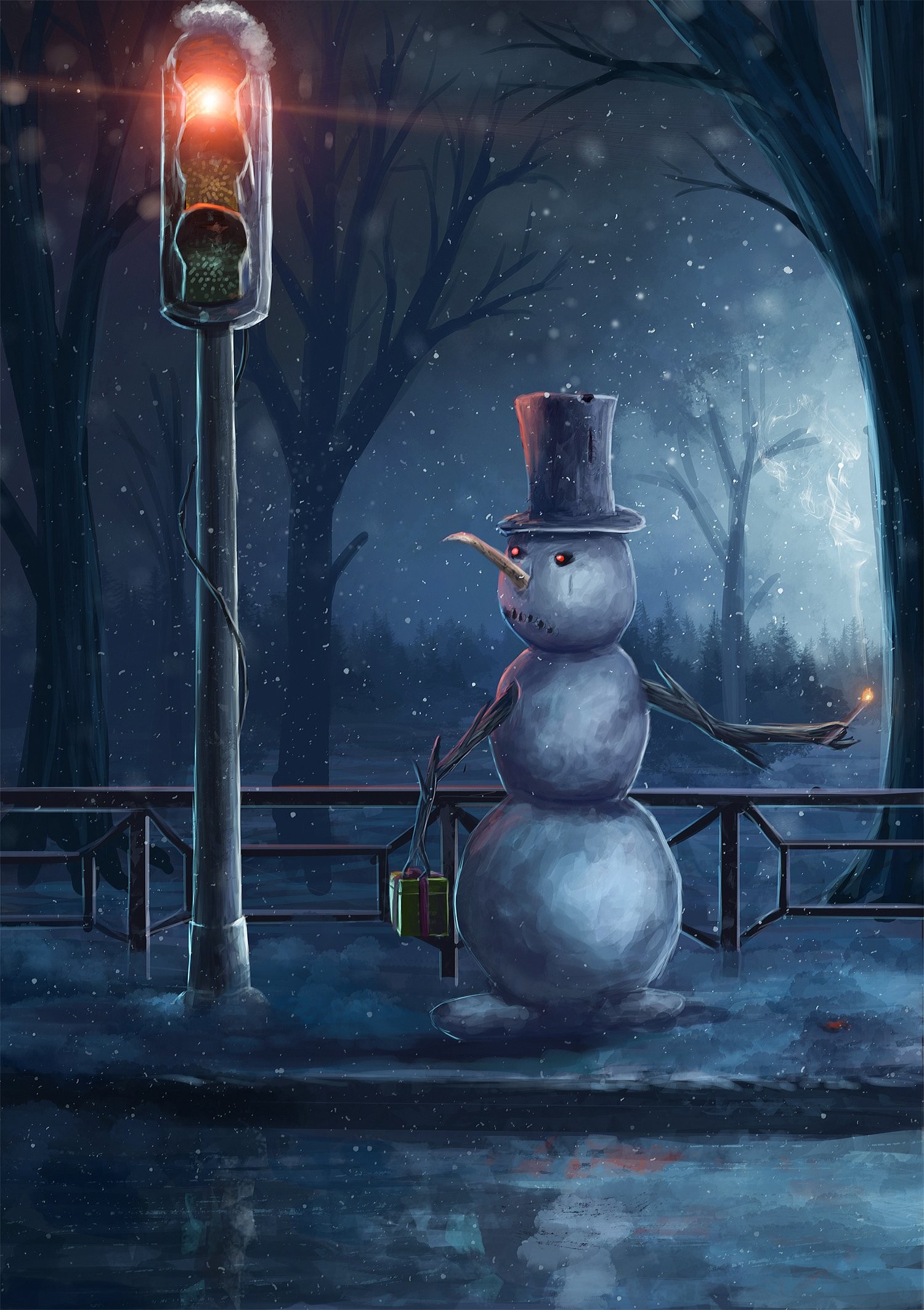 Snowman with presents and a sparkler by traffic light HD Wallpaper