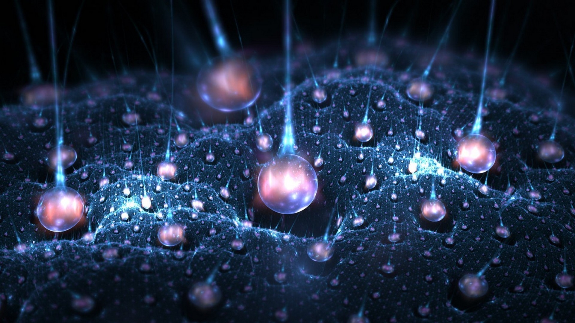 Abstract fractal pattern with glowing bubbles and light beams HD Wallpaper