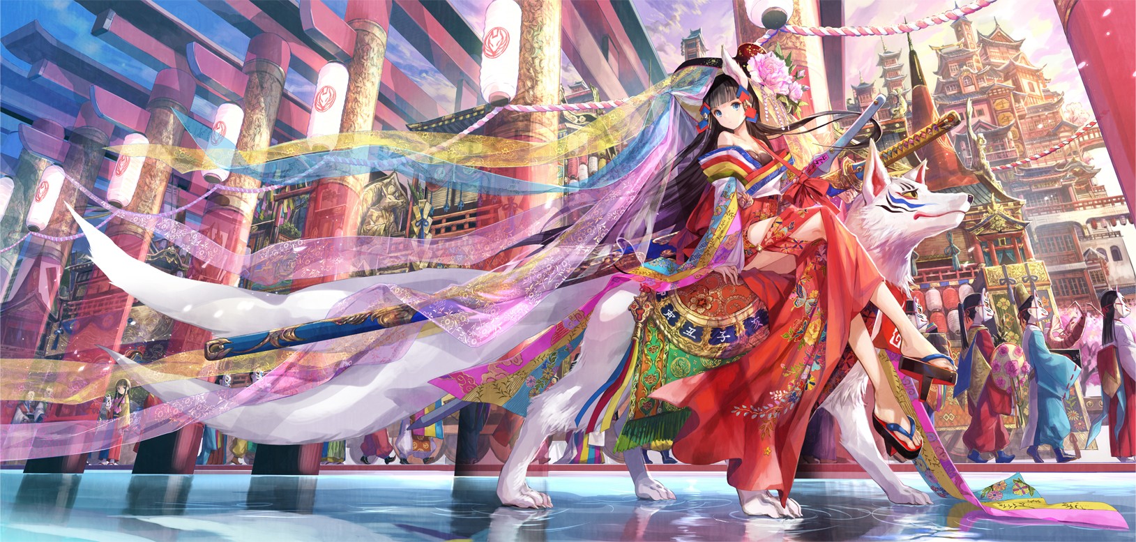 Girl in Japanese clothes with katana and wolf HD Wallpaper