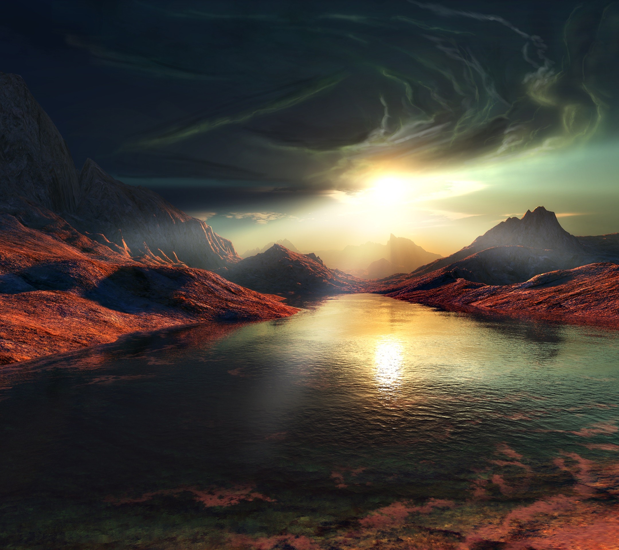 Alien landscape with a lake and mountains at sunset HD Wallpaper