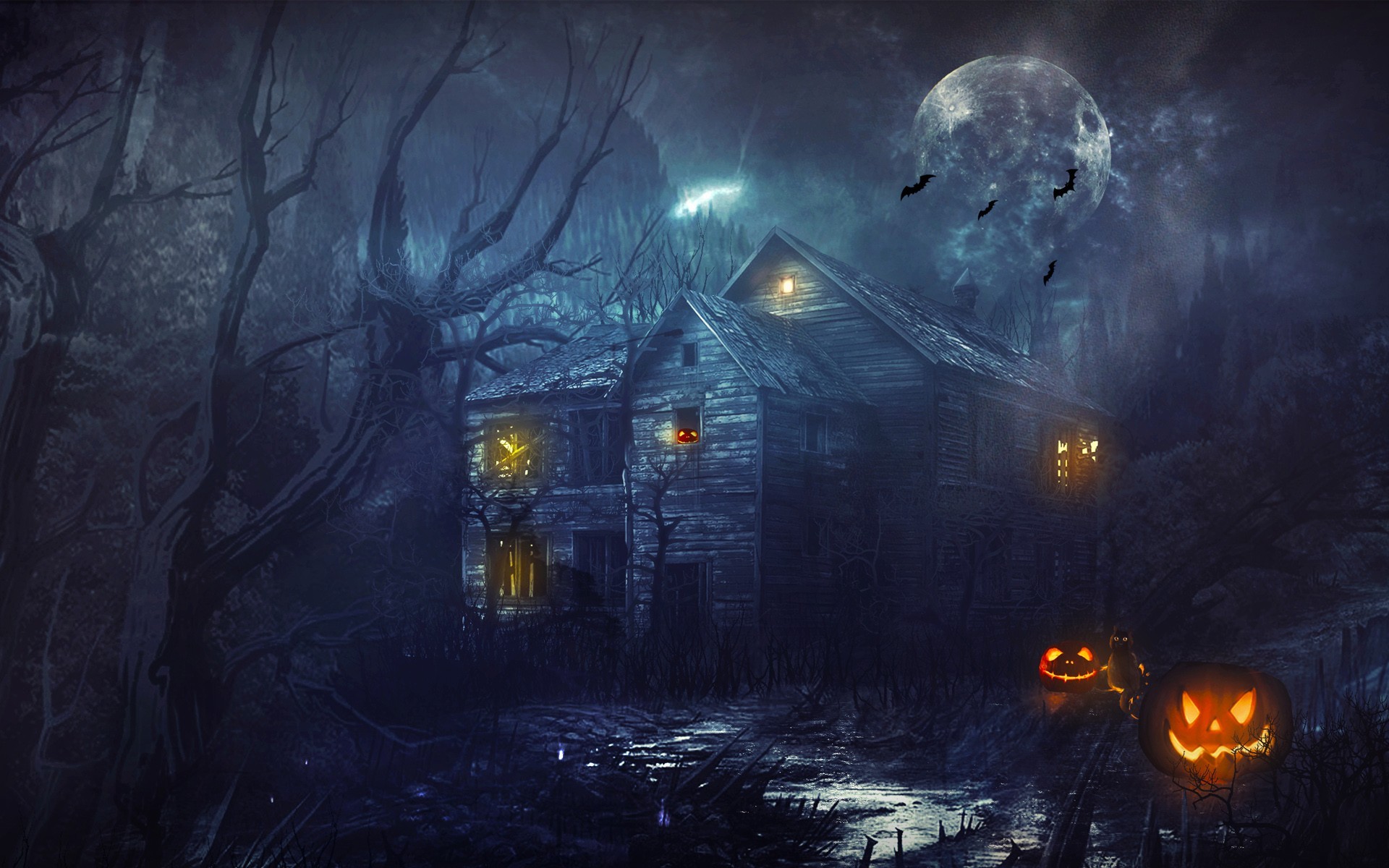 Halloween haunted house with pumpkins and bats HD Wallpaper