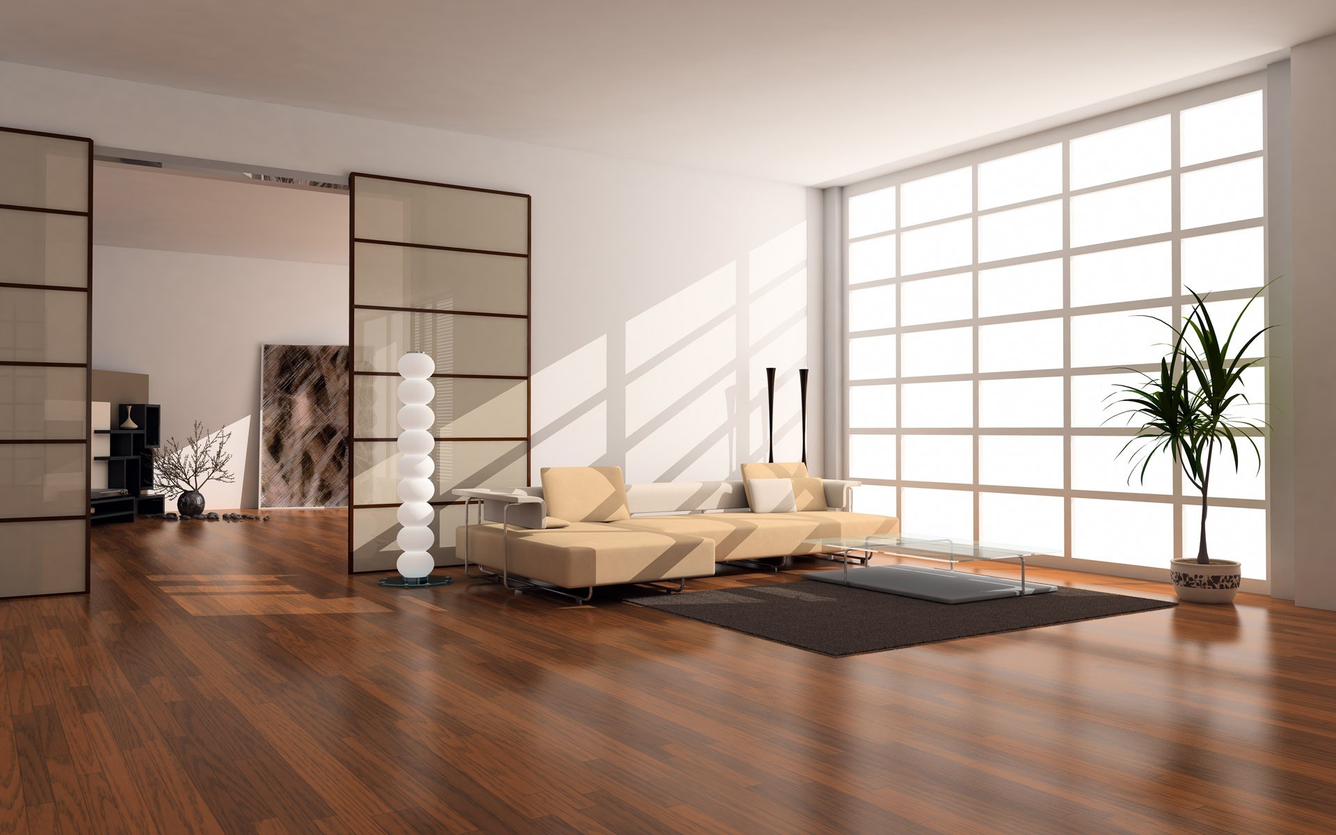 Modern living room with large windows and artwork HD Wallpaper