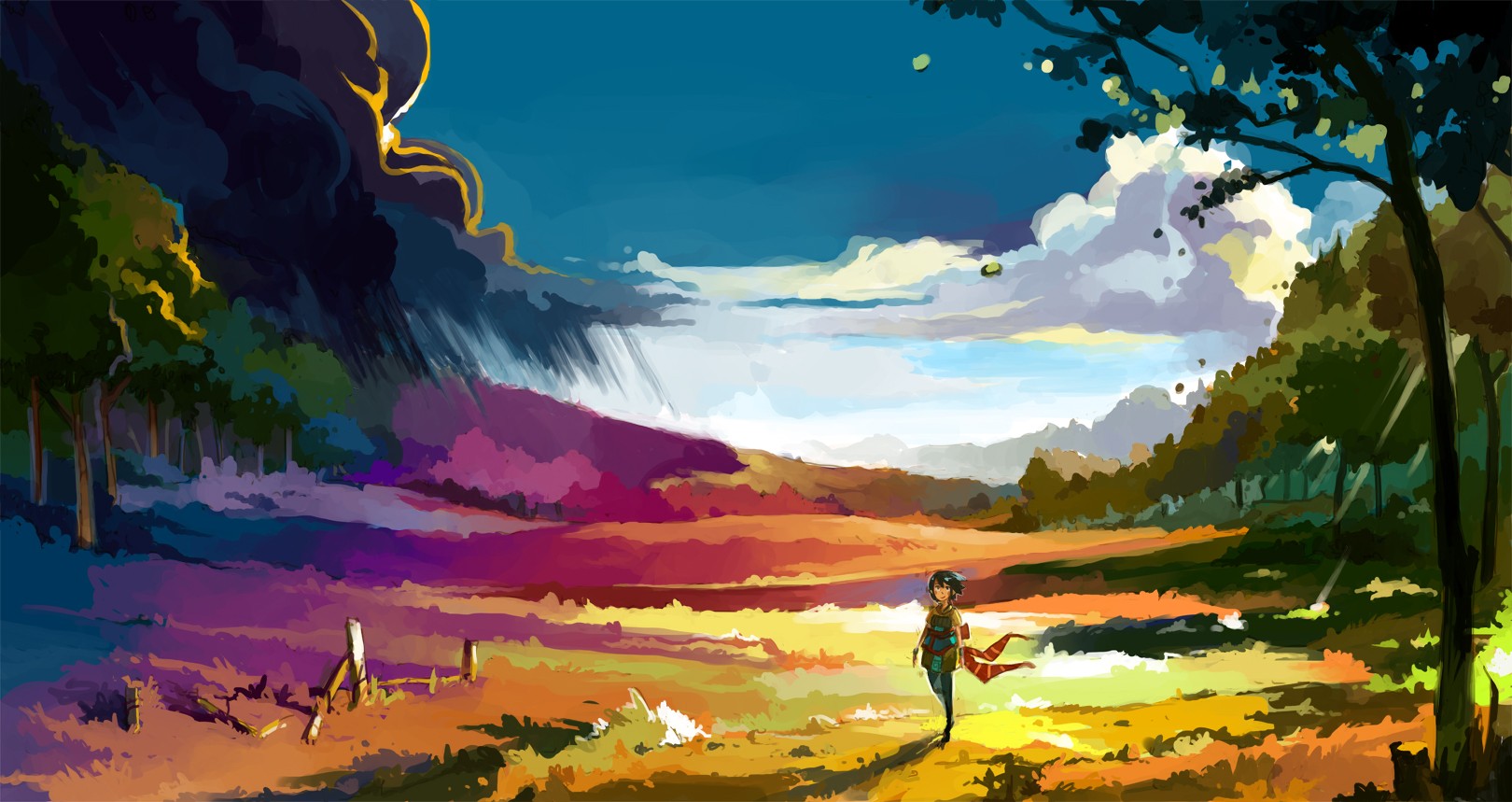 Anime girl walking through a colorful, stormy landscape HD Wallpaper