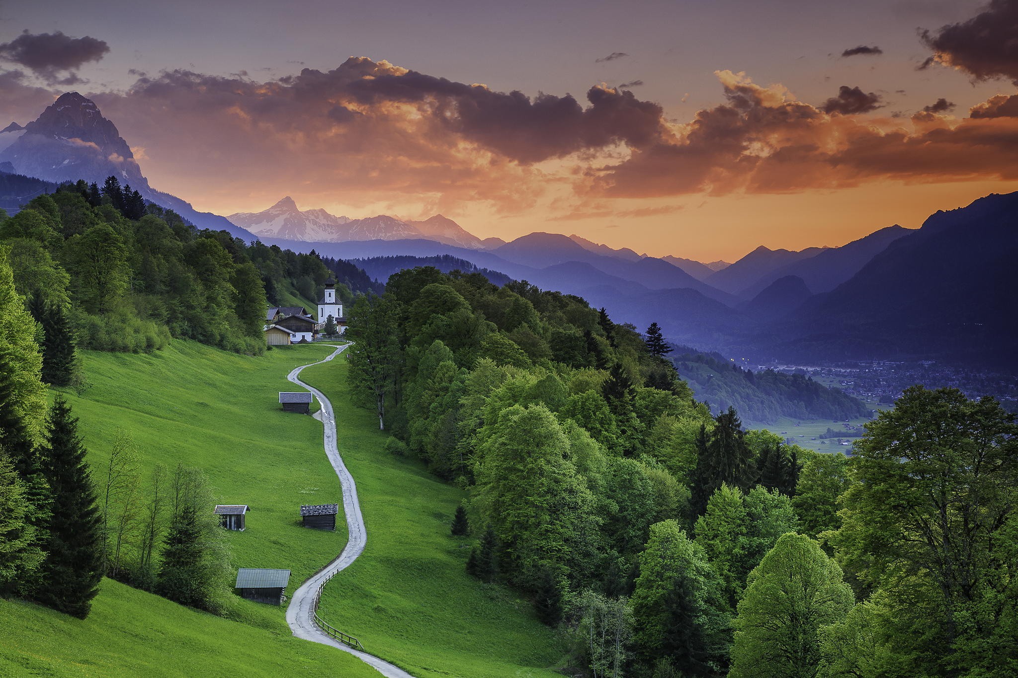house, valley, trees, forest, road, mountains, church, landscape, building, hills, nature, clouds HD Wallpaper