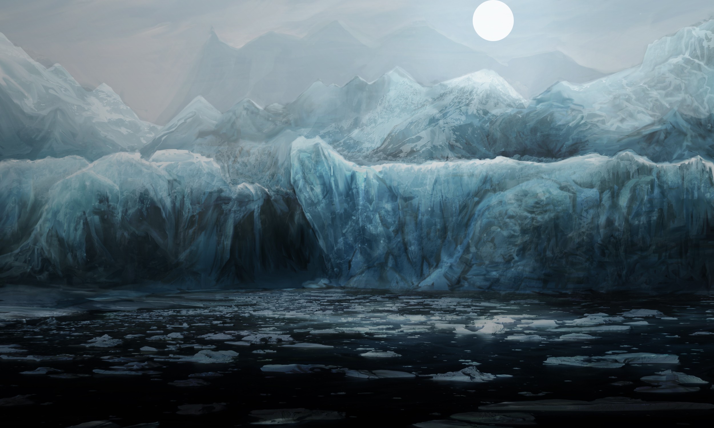 Artwork of an icy landscape with mountains and a moon HD Wallpaper