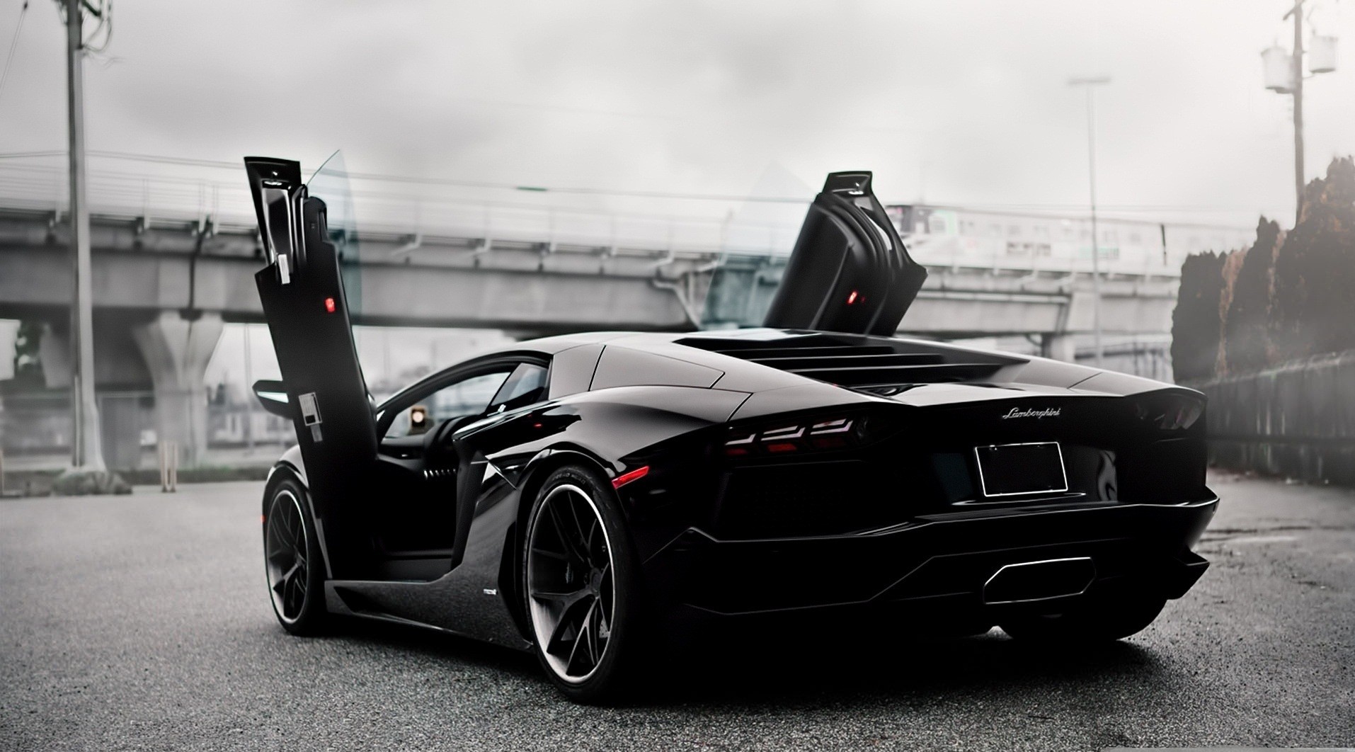 Black Lamborghini Aventador with doors open HD Wallpaper