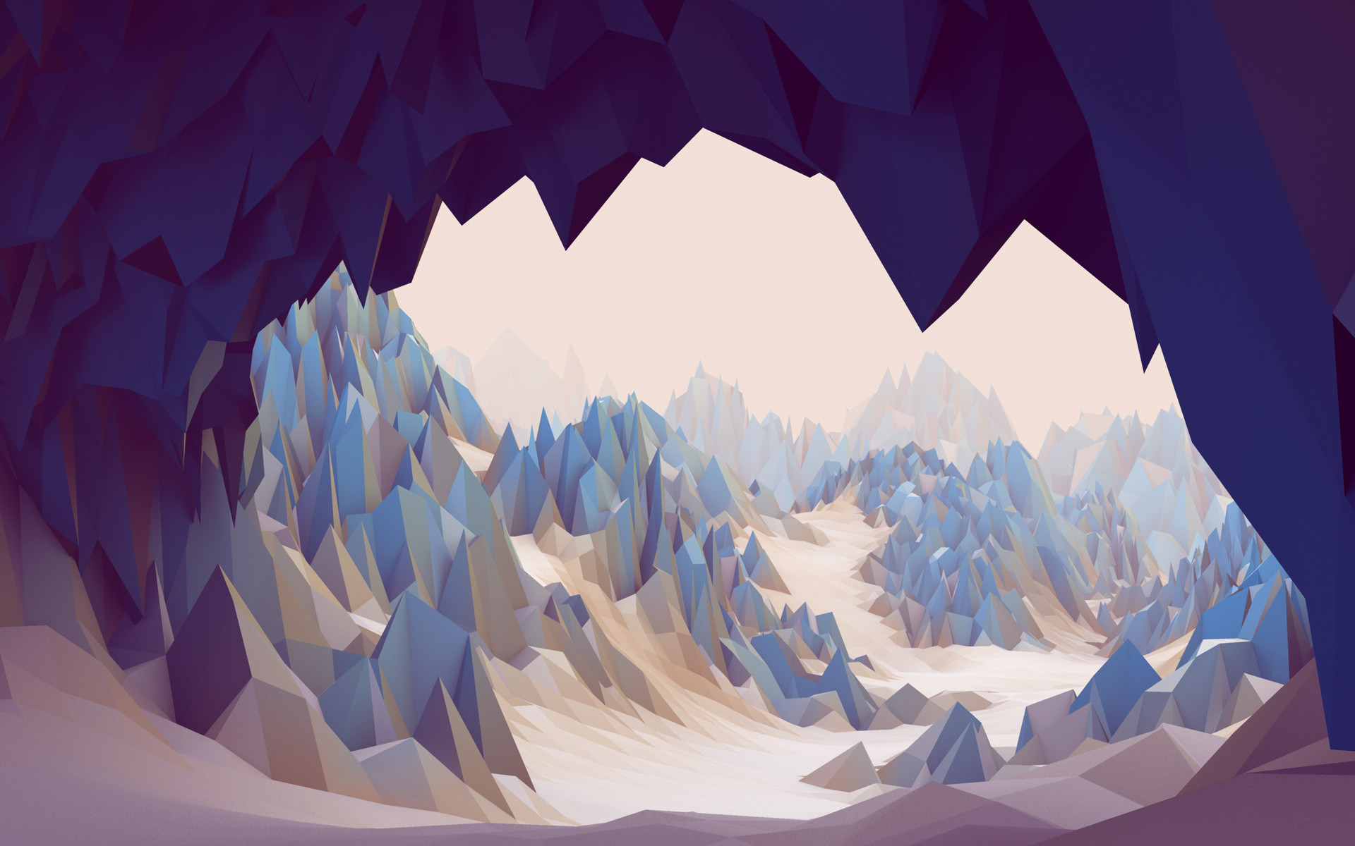 Low poly abstract cave landscape with mountains HD Wallpaper
