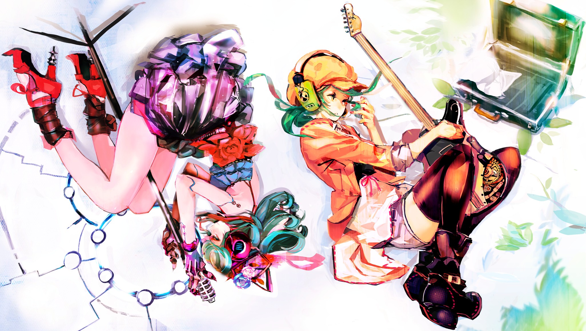Hatsune Miku and Megpoid Gumi with instruments HD Wallpaper