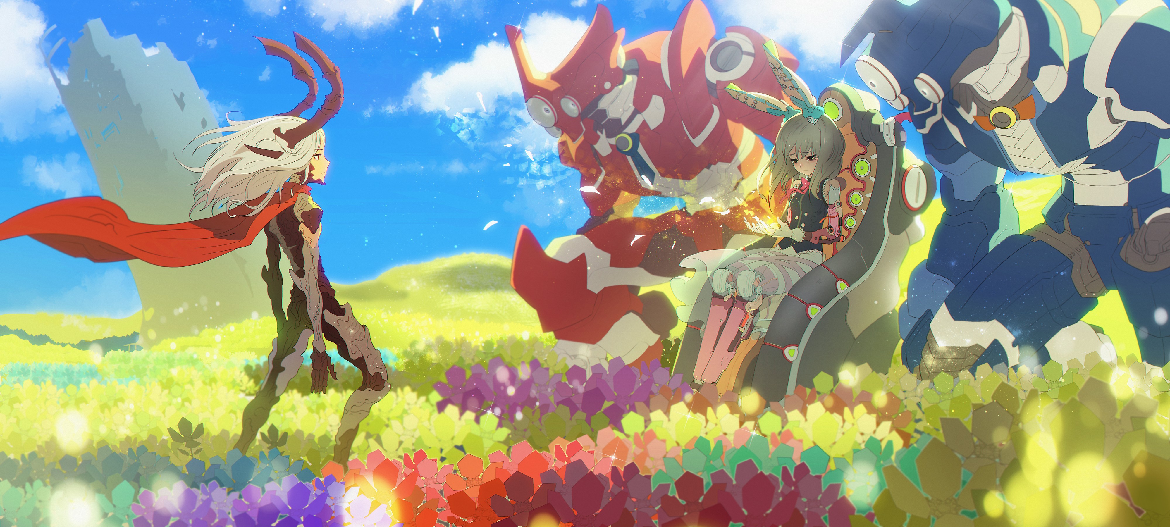 Girl with horns and mechs in a flower field HD Wallpaper