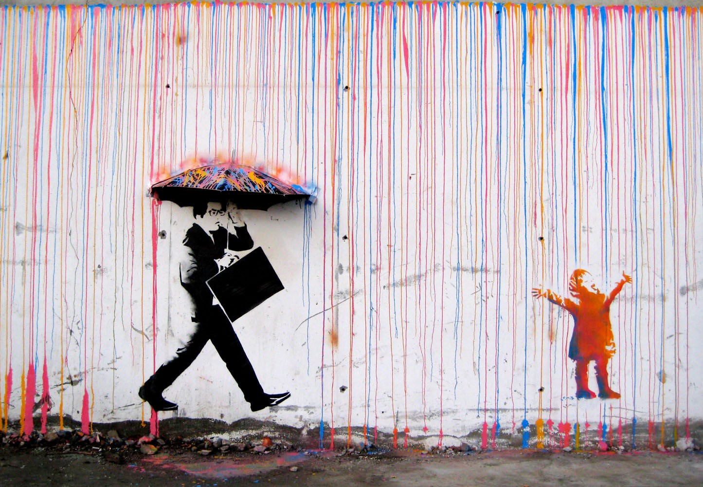 Graffiti of a businessman and a child in the rain HD Wallpaper