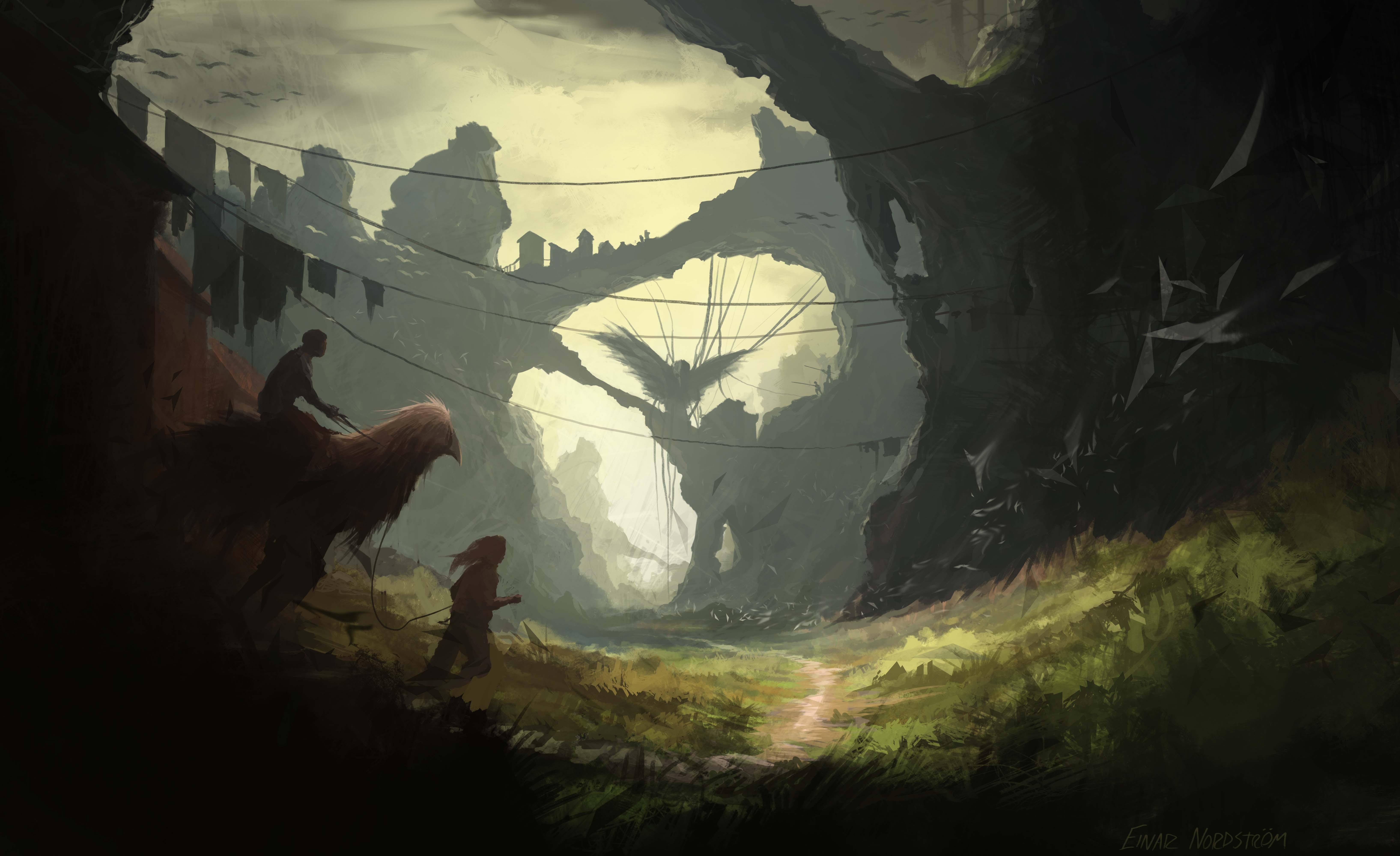 Fantasy art of a creature with a rider in a rocky landscape HD Wallpaper