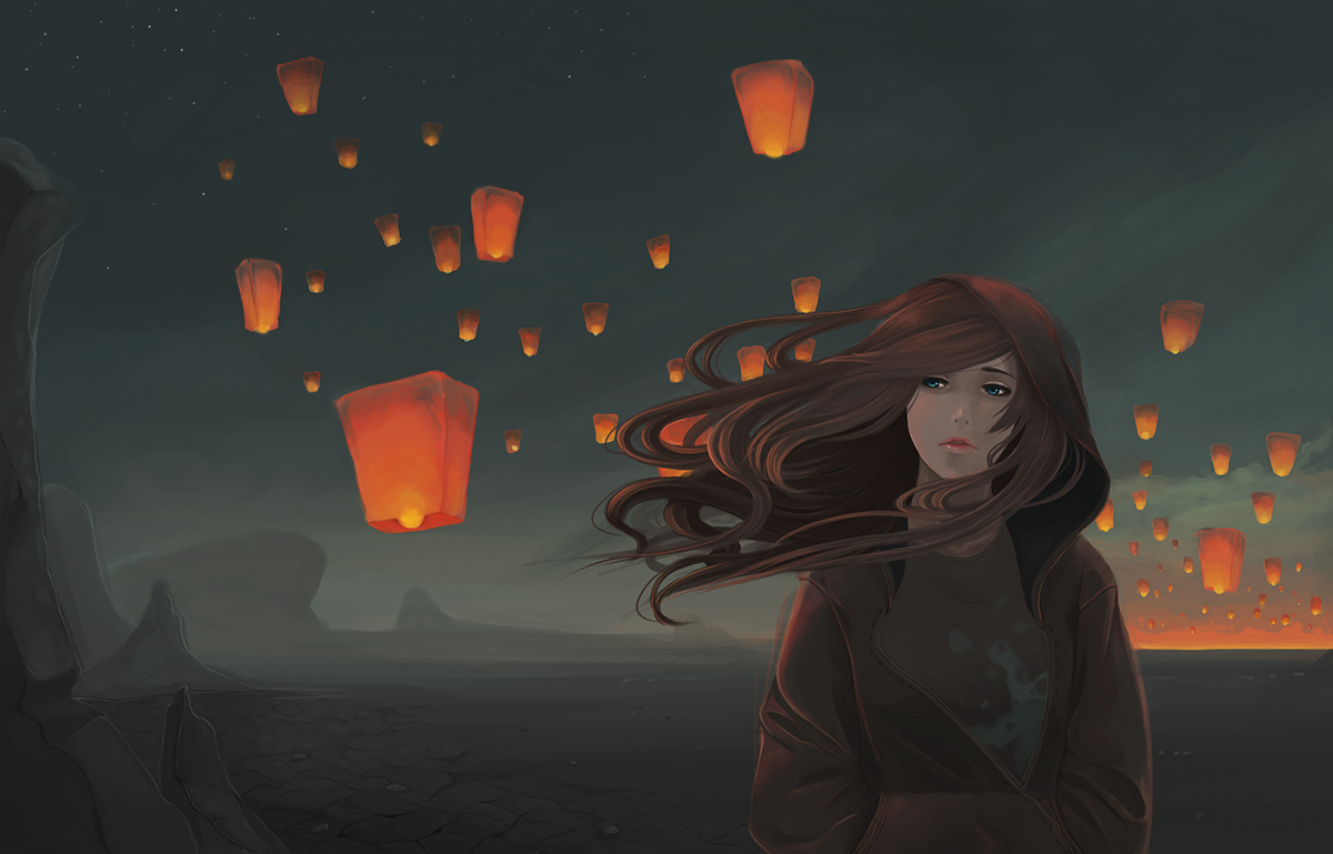 Girl with blue eyes and sky lanterns in a desert at night HD Wallpaper