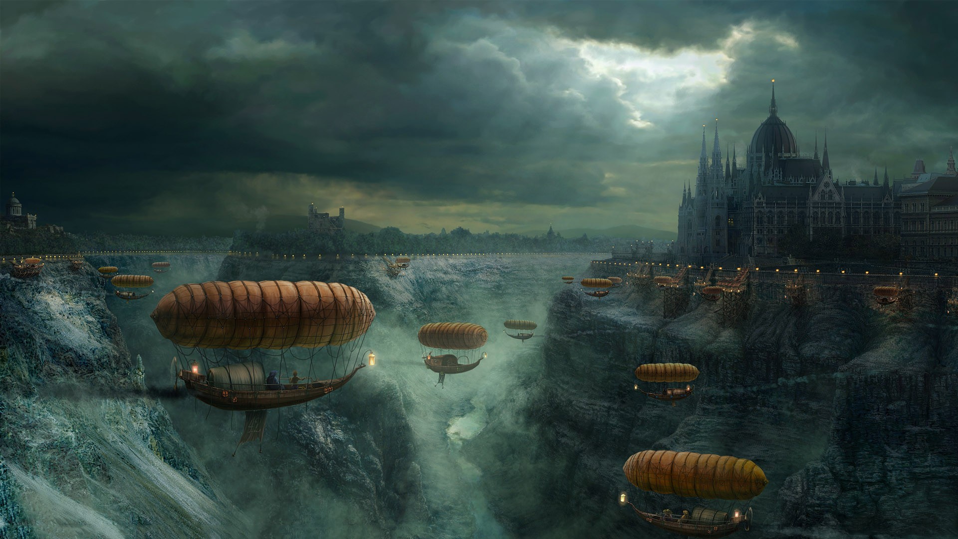 Fantasy airships over a canyon city with a cathedral HD Wallpaper