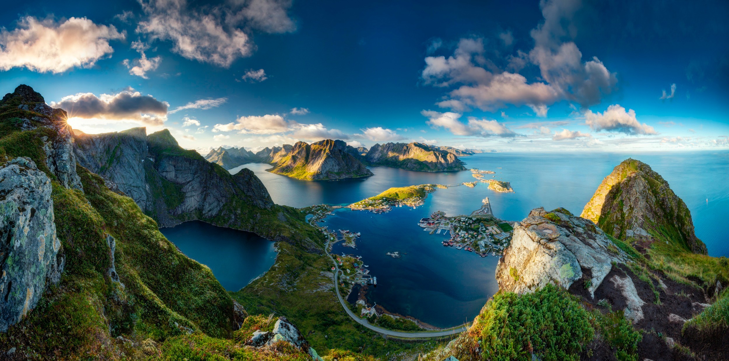 clouds, Norway, road, sunlight, sea, fjord, rock, island, Sun, nature, mountains, landscape, town HD Wallpaper