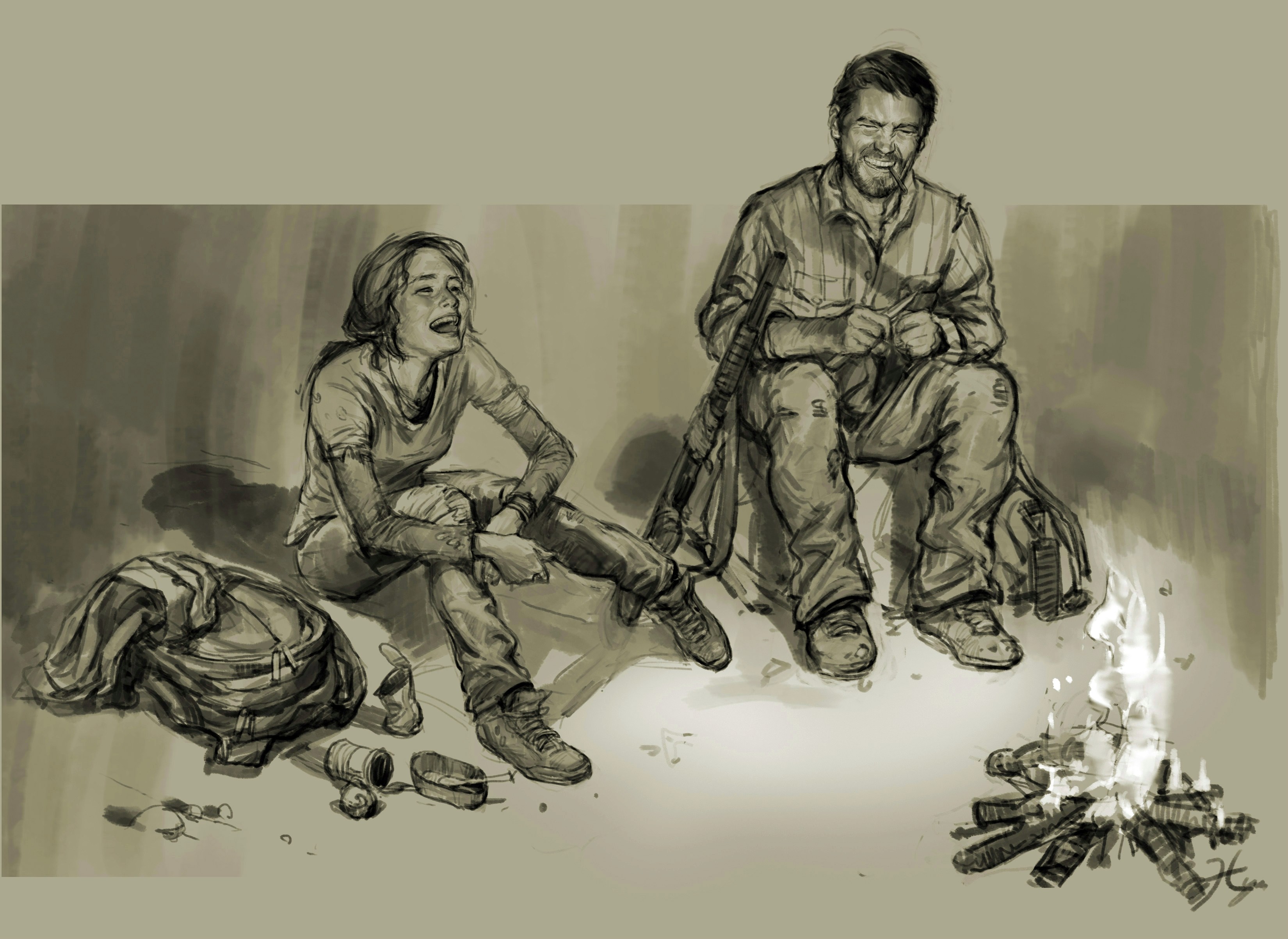 The Last of Us concept art of Joel and Ellie by a campfire HD Wallpaper