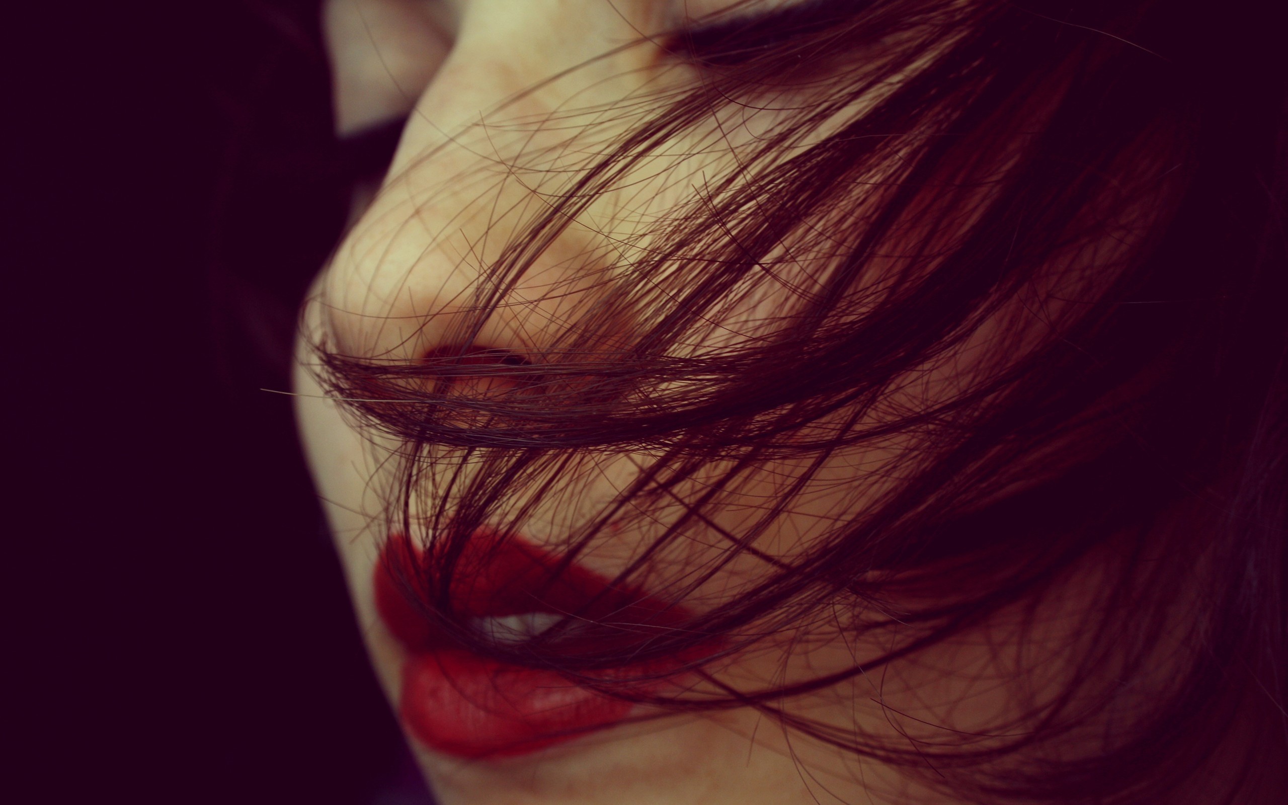 Woman with red lipstick and hair covering face HD Wallpaper