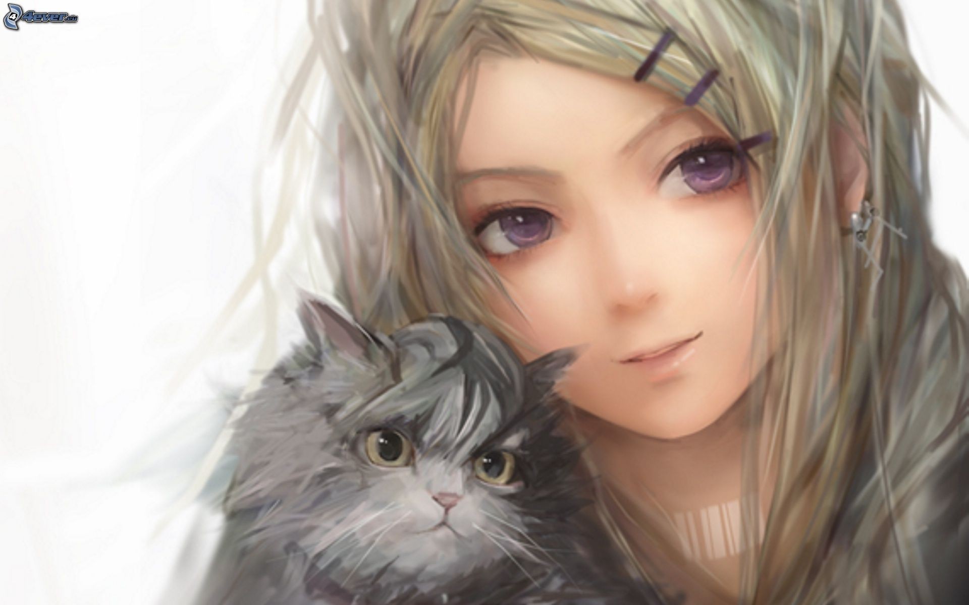 Anime girl with purple eyes holding a cat HD Wallpaper