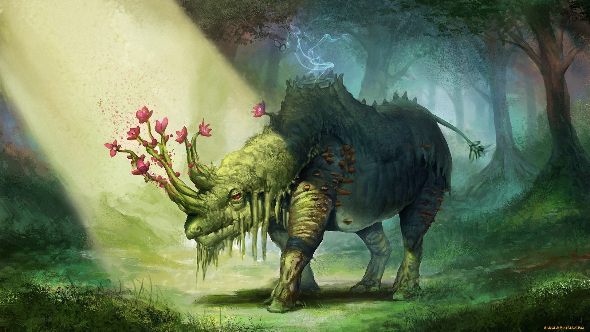 Fantasy creature with flowers in a forest HD Wallpaper